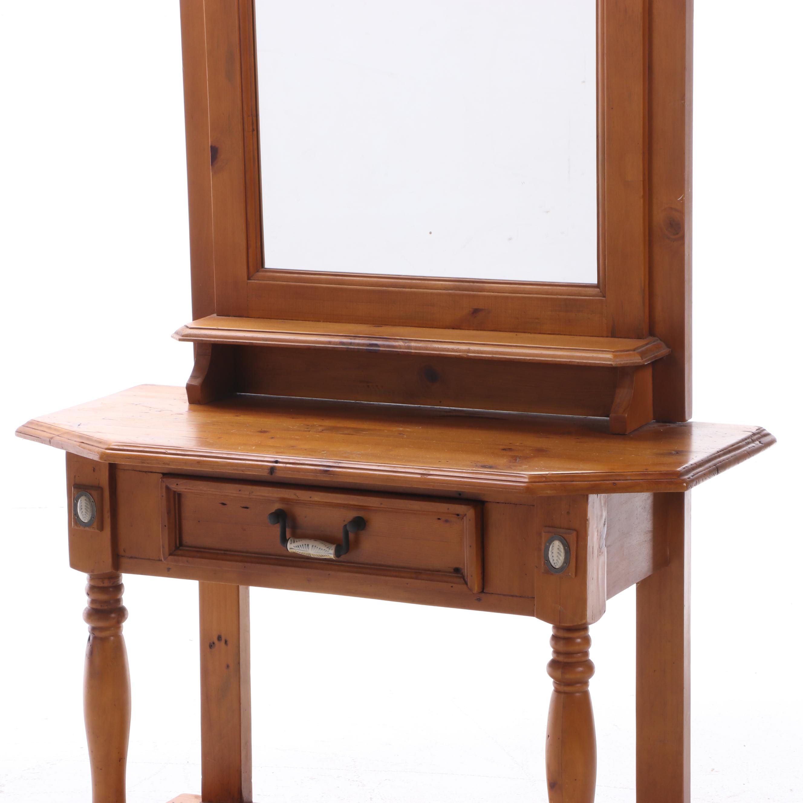 Pine and Porcelain-Mounted, Mirrored Hall Table