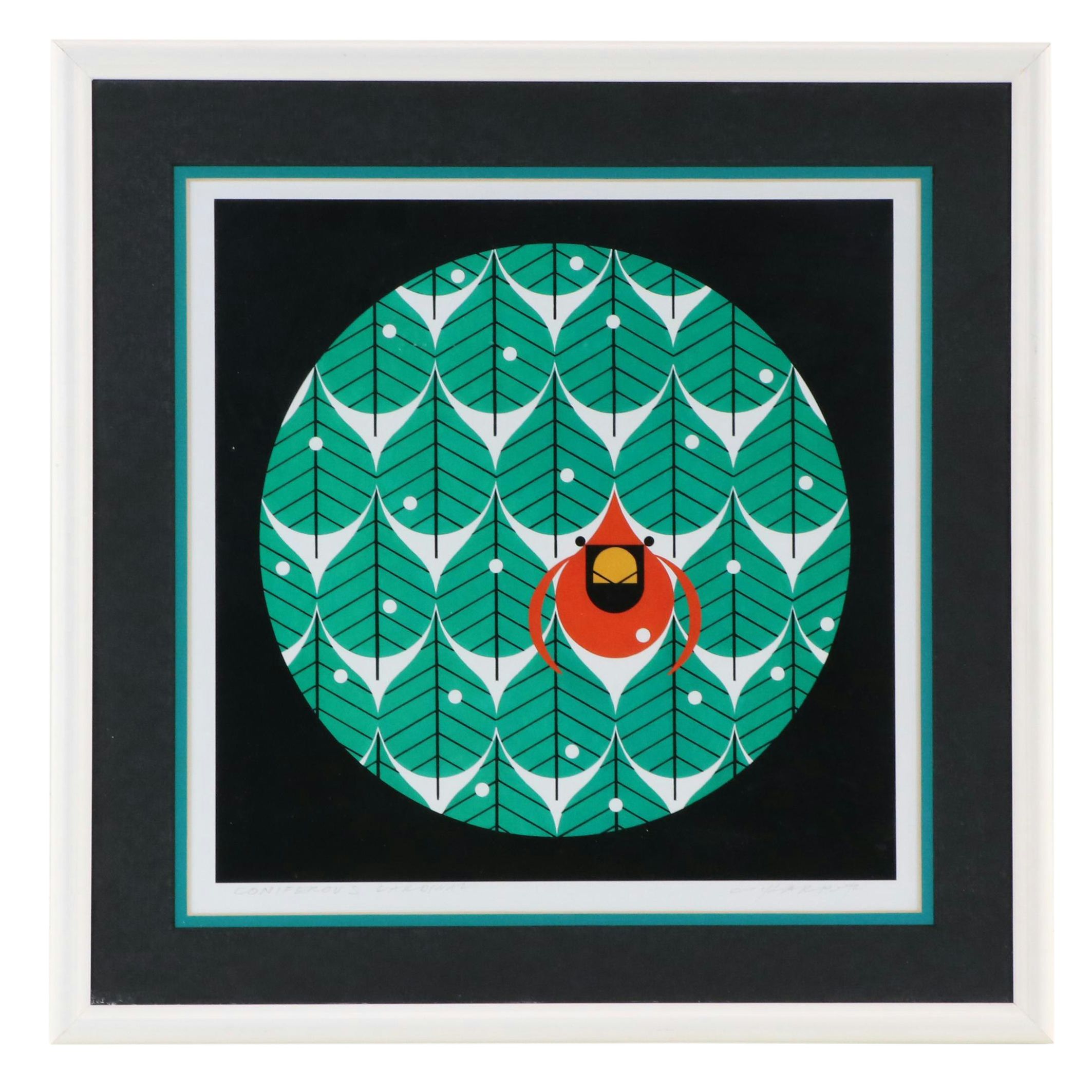 Charley Harper Offset Lithograph "Coniferous Cardinal," 2000