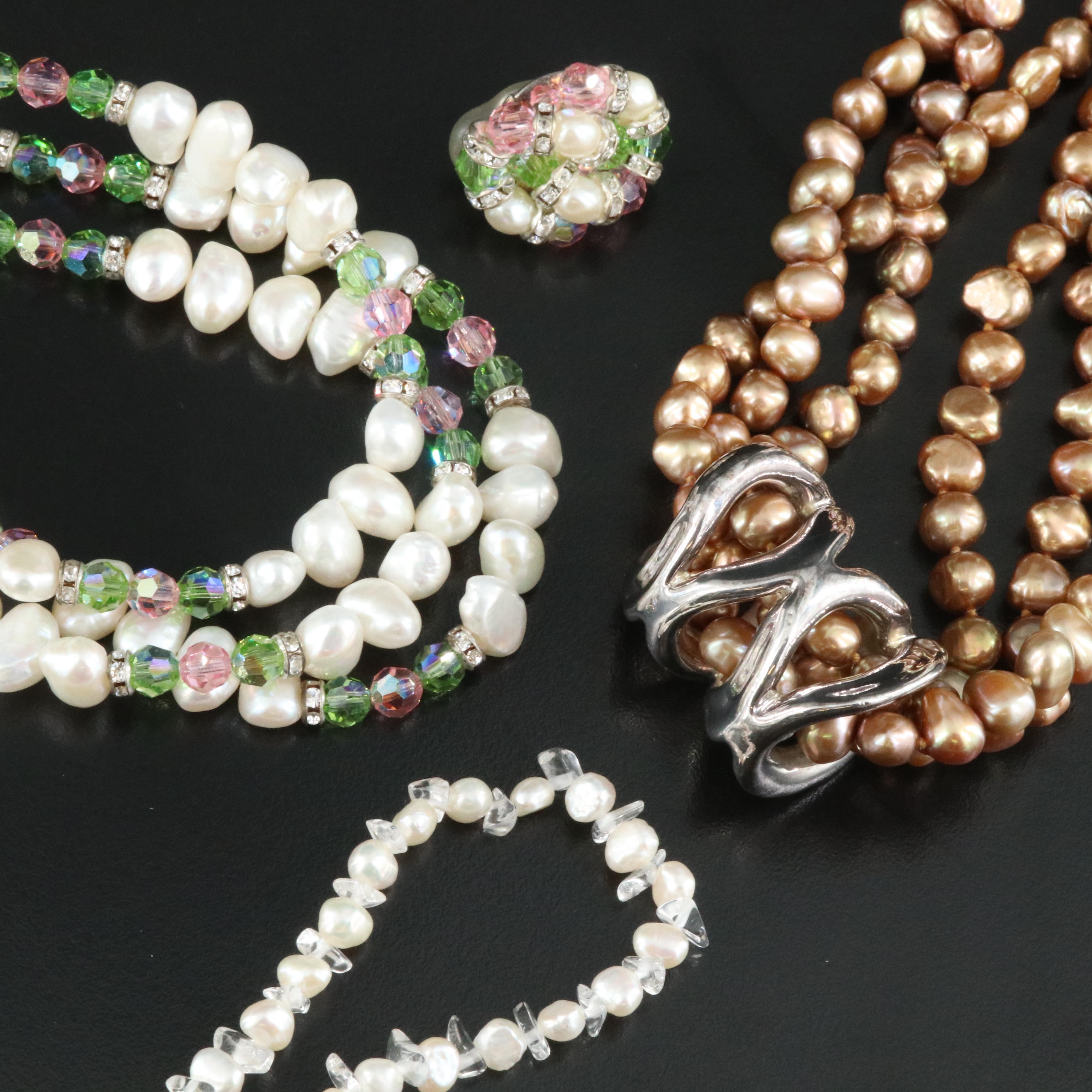 Pearl, Faux Pearl and Rock Crystal Quartz Necklaces Including Sterling