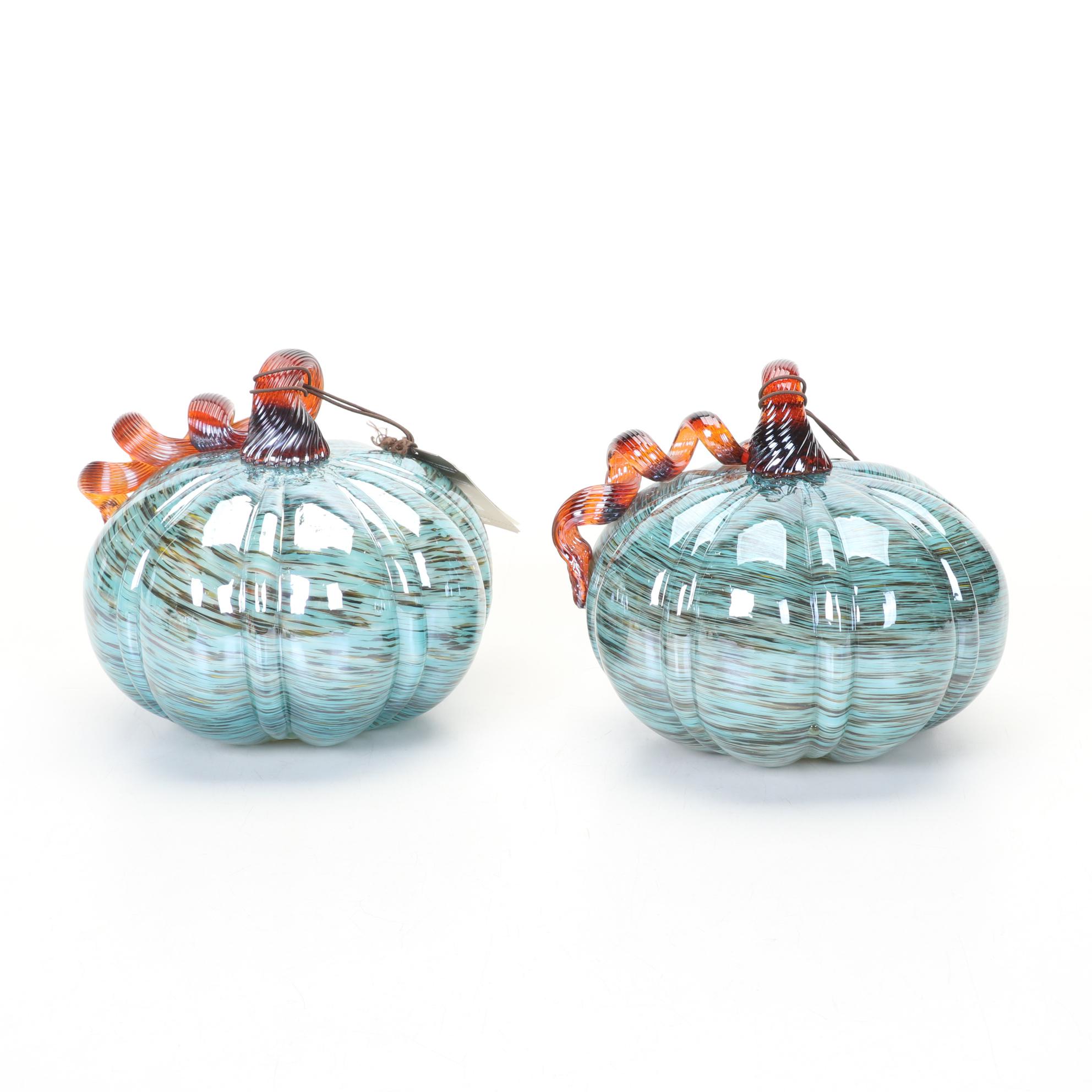 Pair of Pier 1 LED Lighted Glass Pumpkins with Ceramic Pumpkins