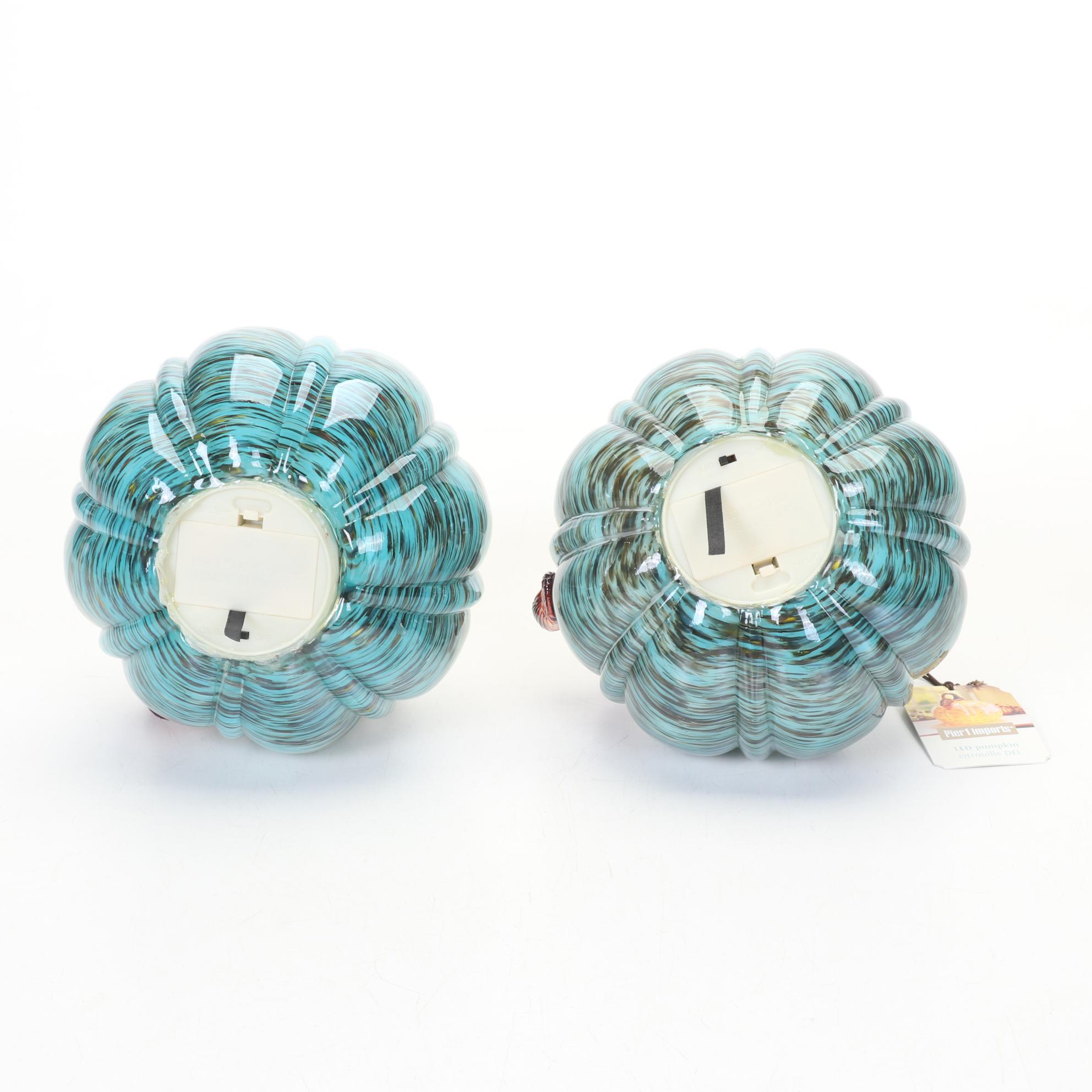 Pair of Pier 1 LED Lighted Glass Pumpkins with Ceramic Pumpkins
