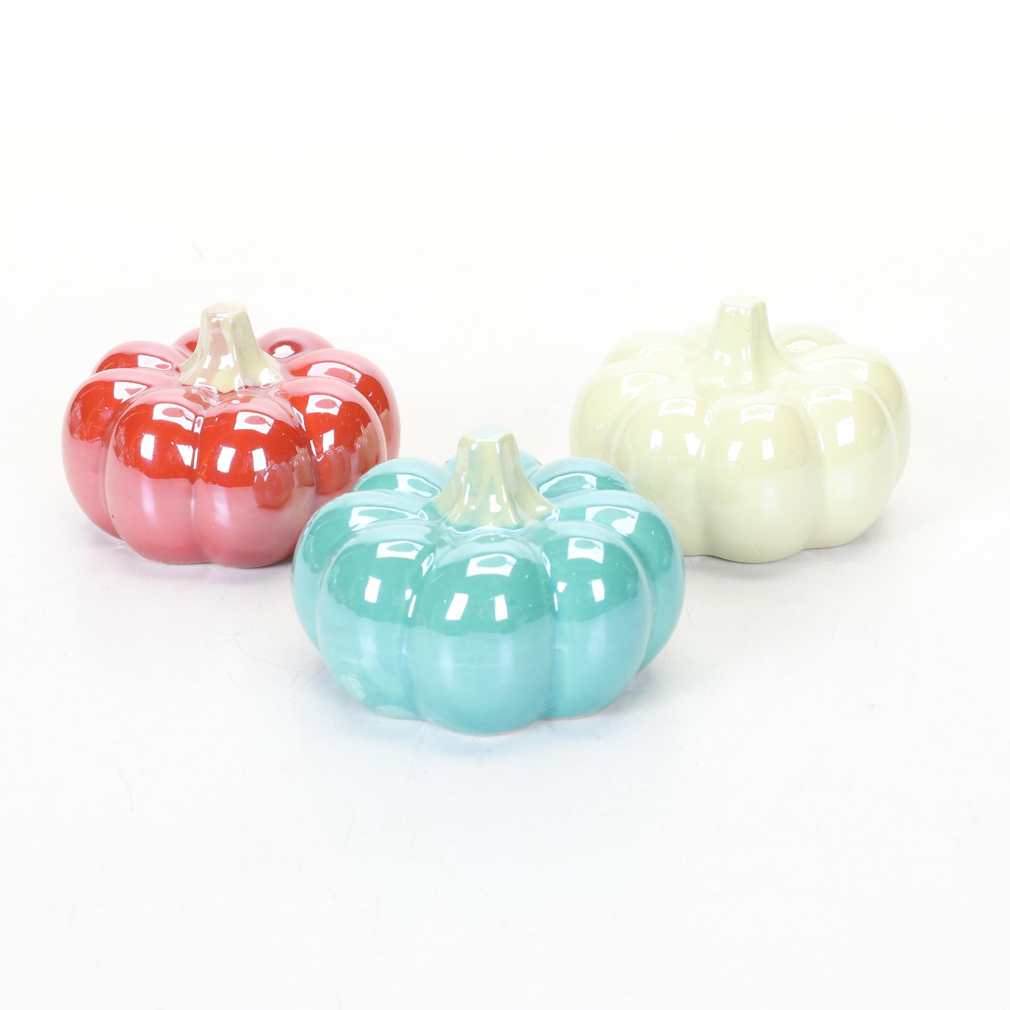 Pair of Pier 1 LED Lighted Glass Pumpkins with Ceramic Pumpkins