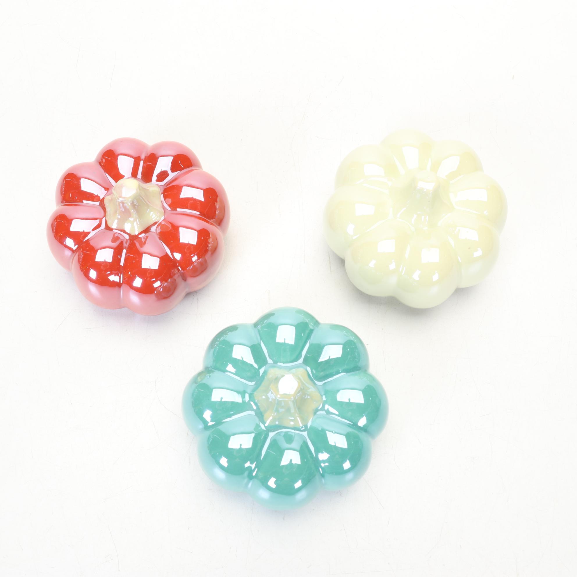 Pair of Pier 1 LED Lighted Glass Pumpkins with Ceramic Pumpkins