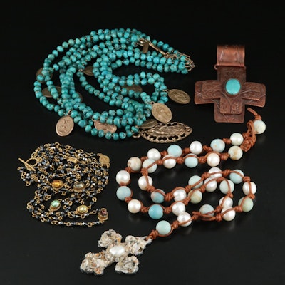 Pearl, Rhinestone and Shell Necklaces Including J. Forks and Religious Jewelry