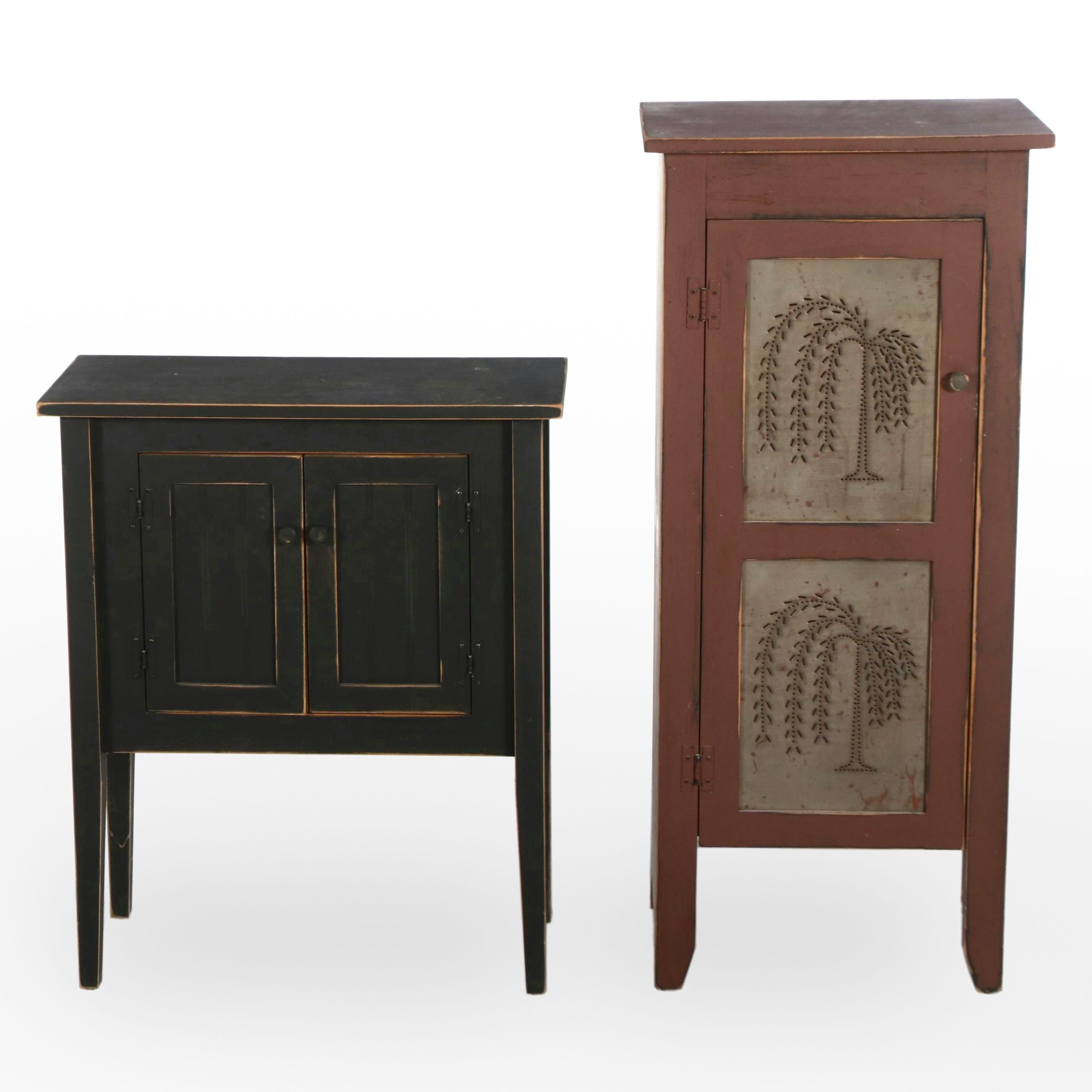 American Primitive Style Painted Wood Cabinets, One with Tree-Motif Punched Tins
