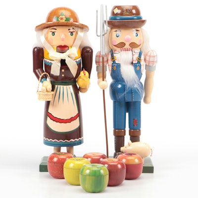 Farmer-Themed Nutcrackers with Metal Litho Boxes and Plant Stand