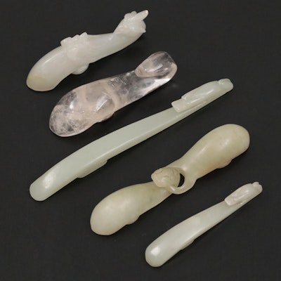 Chinese Carved Nephrite, Moonstone and Serpentine Belt Hooks