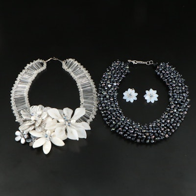 Necklace and Earrings Including Mother of Pearl, Pearl and Glass