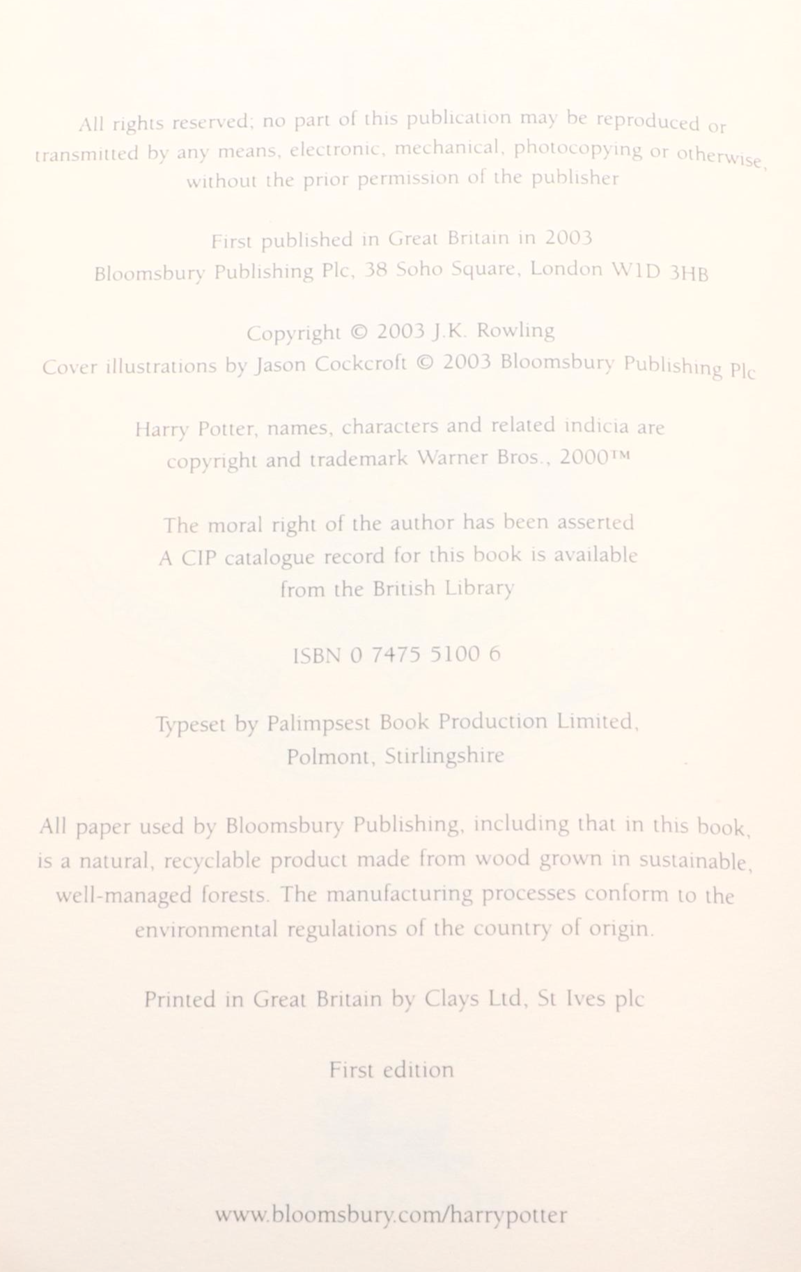 First UK Edition "Harry Potter and the Order of the Phoenix" by J. K. Rowling