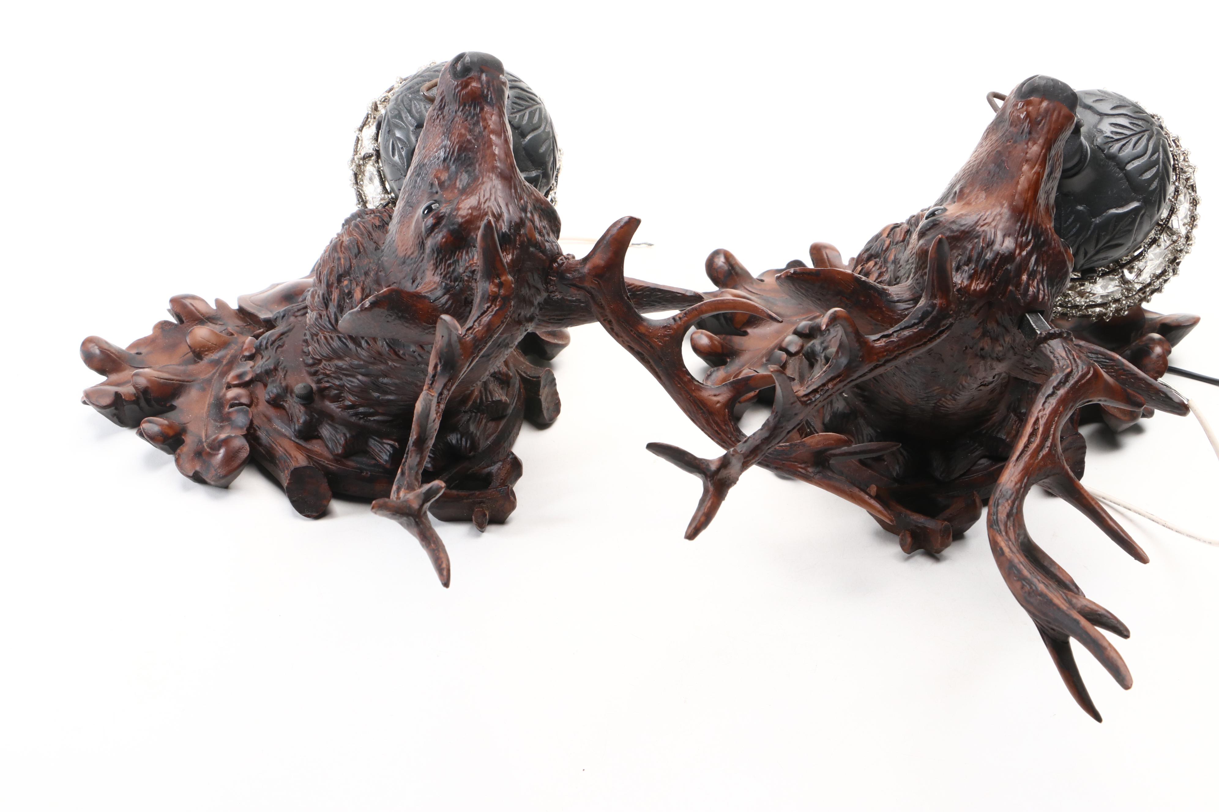 Pair of Cast Resin Stag Head and Acorn Crystal Hanging Wall Lights