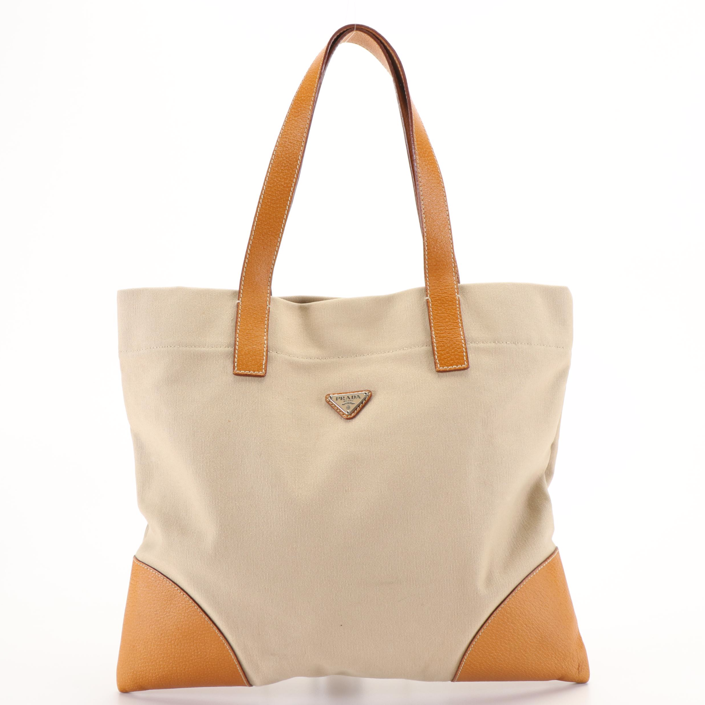 Prada Classic Logo Beige Canvas and Tan Leather Tote Bag