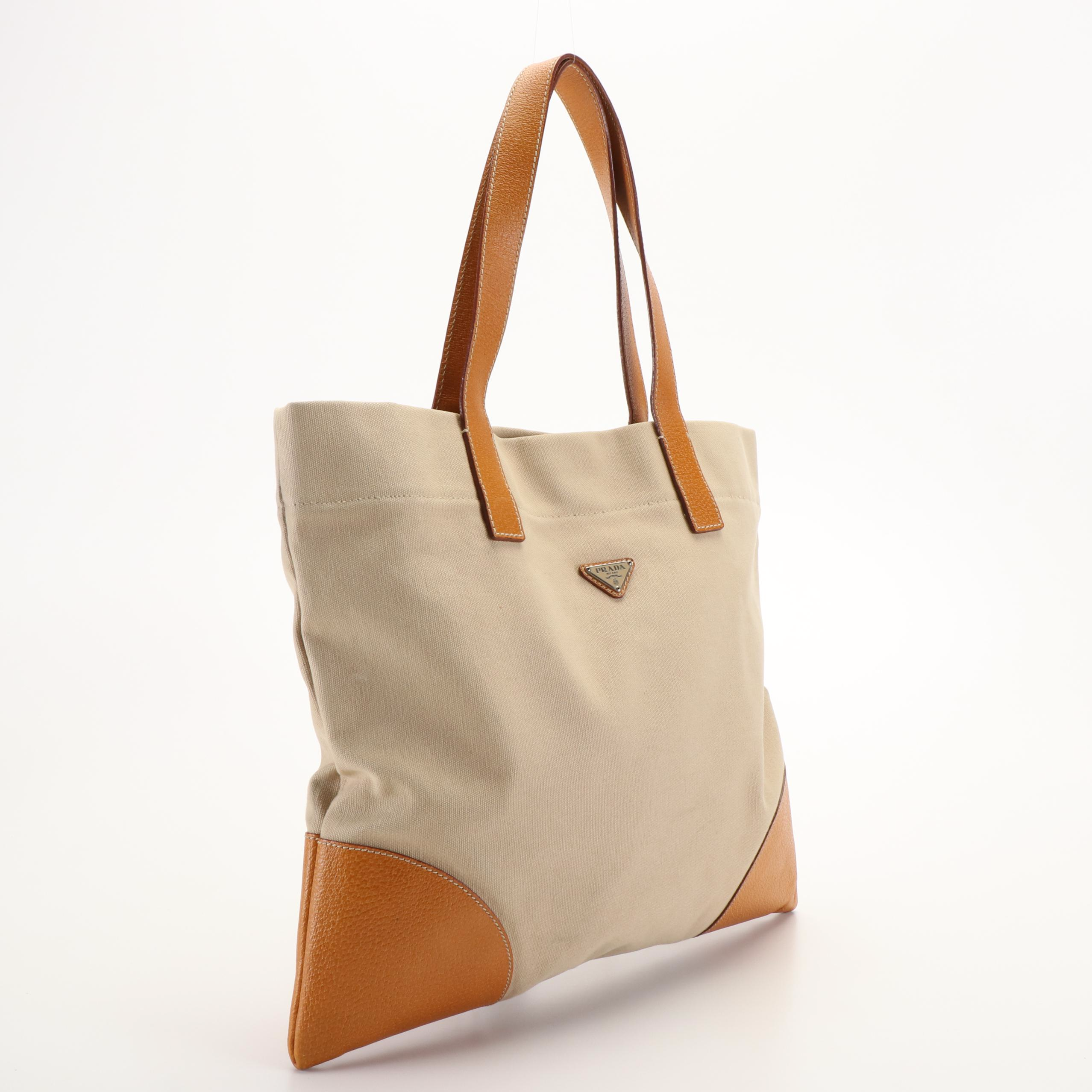 Prada Classic Logo Beige Canvas and Tan Leather Tote Bag