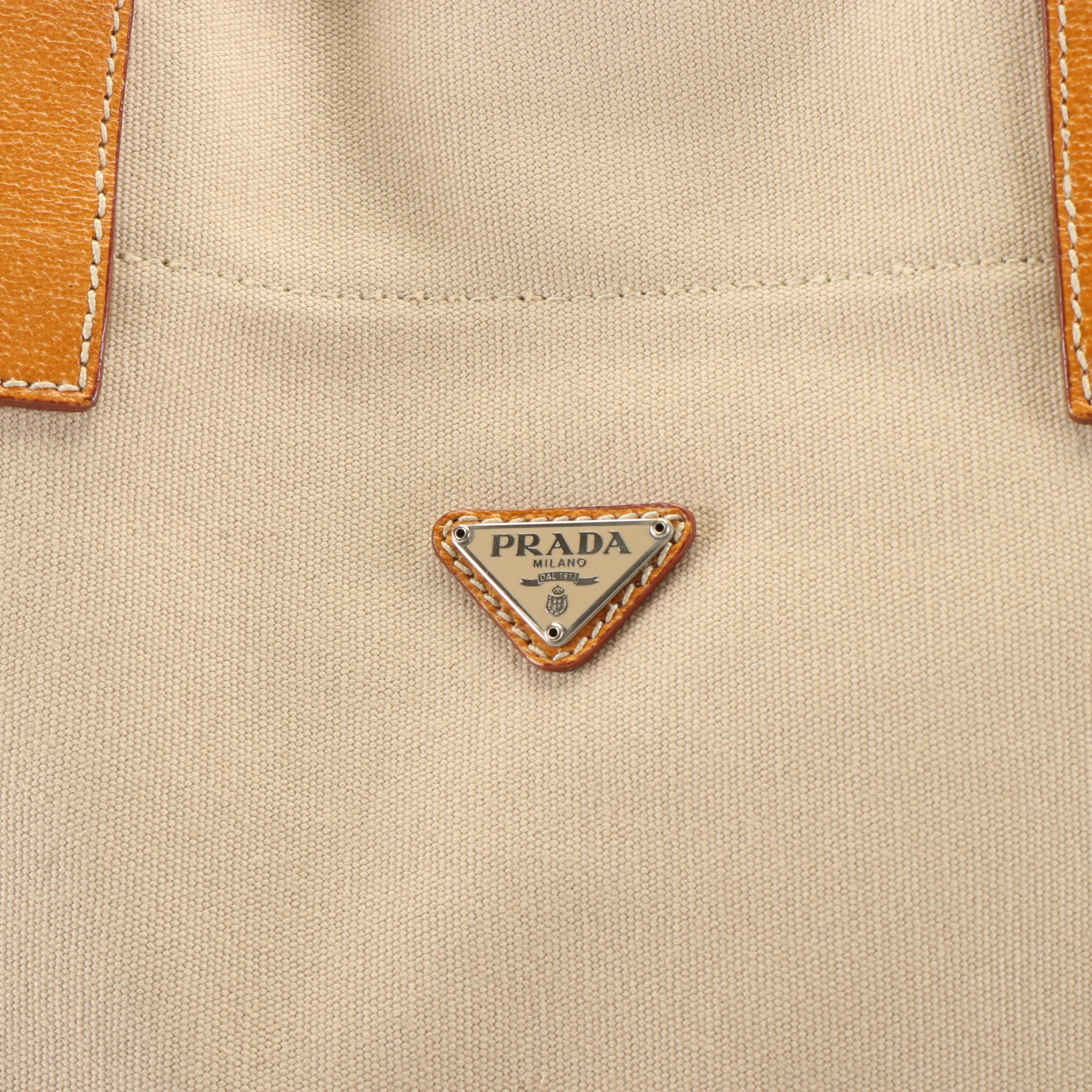 Prada Classic Logo Beige Canvas and Tan Leather Tote Bag