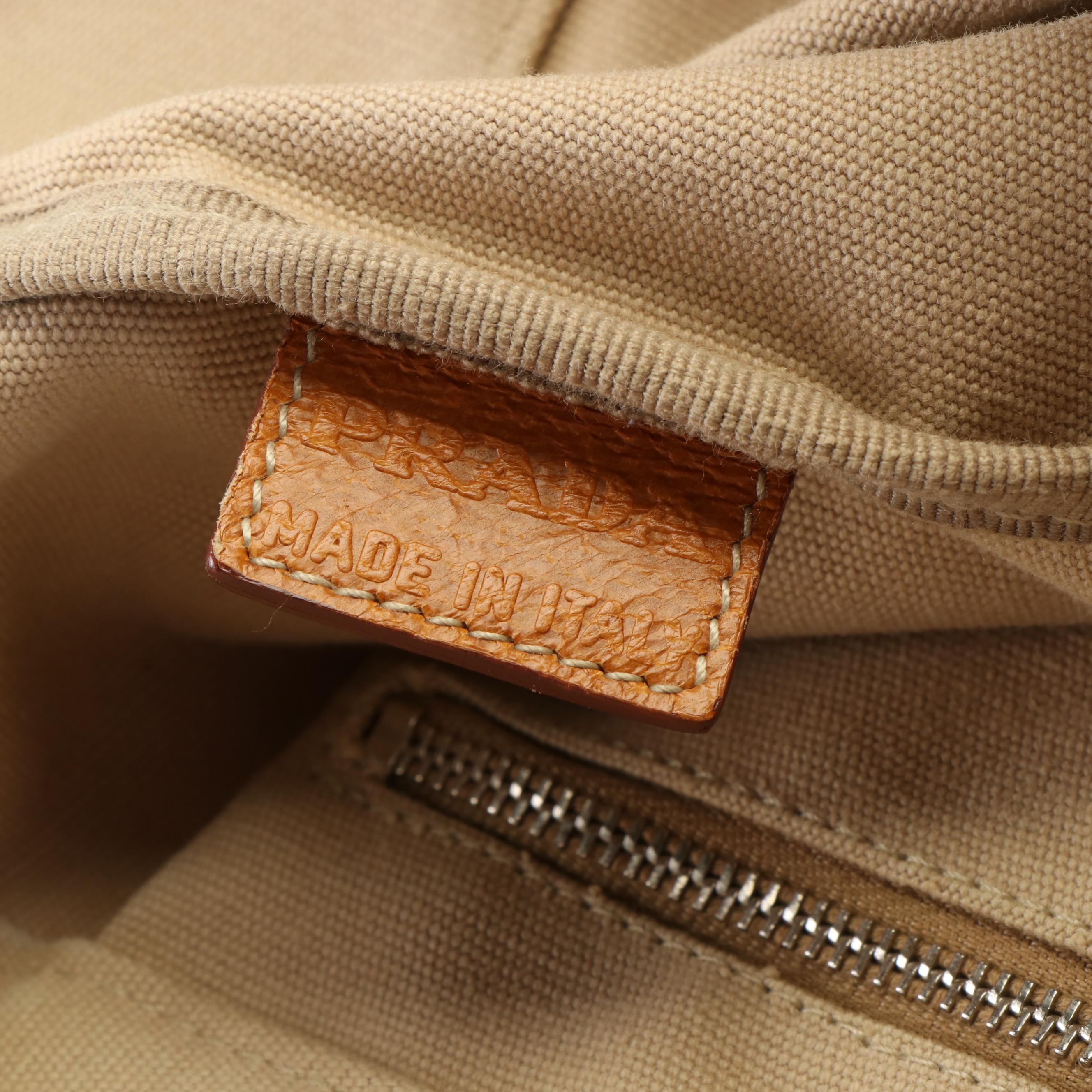 Prada Classic Logo Beige Canvas and Tan Leather Tote Bag