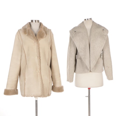 Fu Da Beige Shearling Jacket with Whipstitch Accent Trim, Other Grey Wool Coat