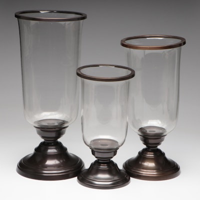 Restoration Hardware Set of Oil Rubbed Bronze and Glass Hurricanes