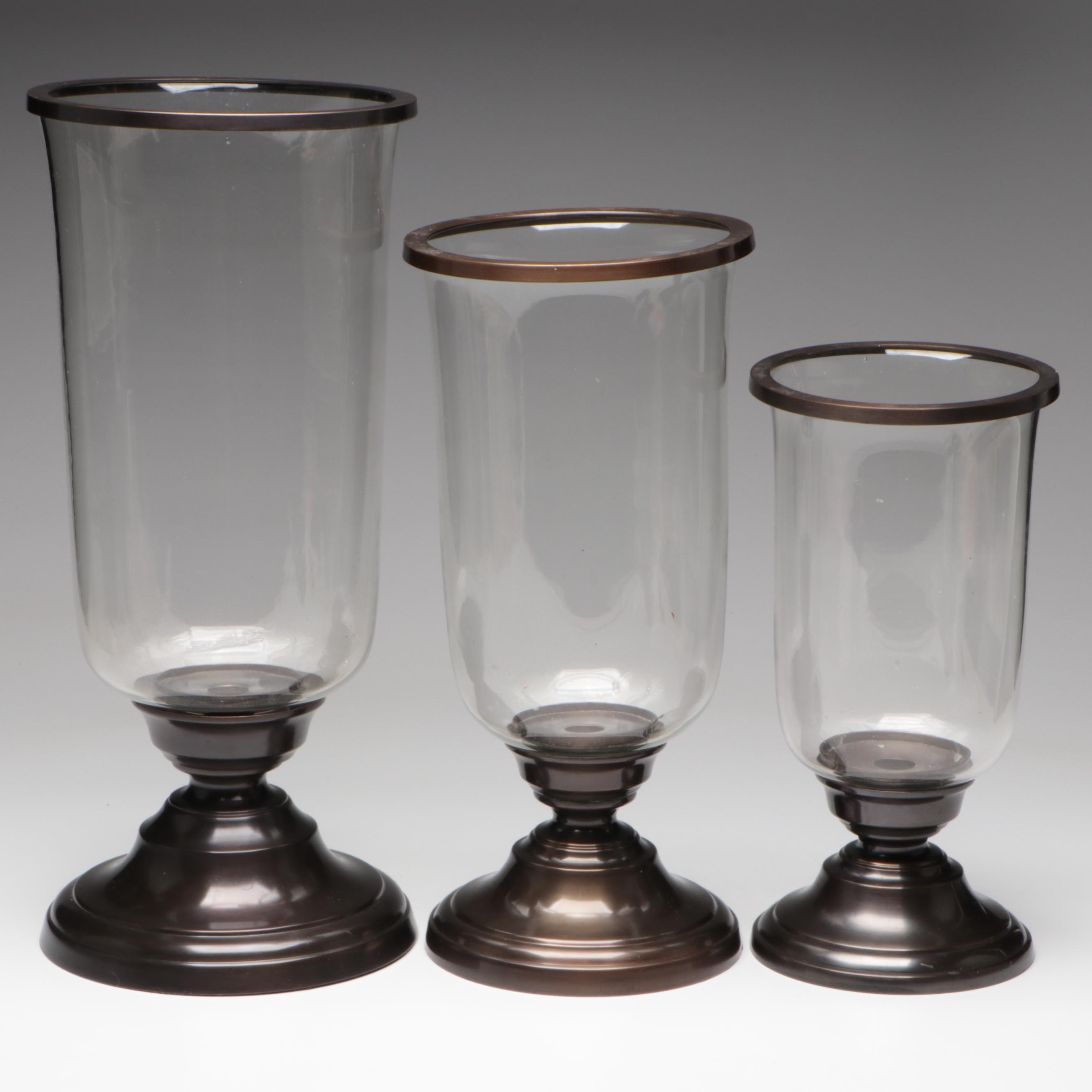 Restoration Hardware Set of Oil Rubbed Bronze and Glass Hurricanes