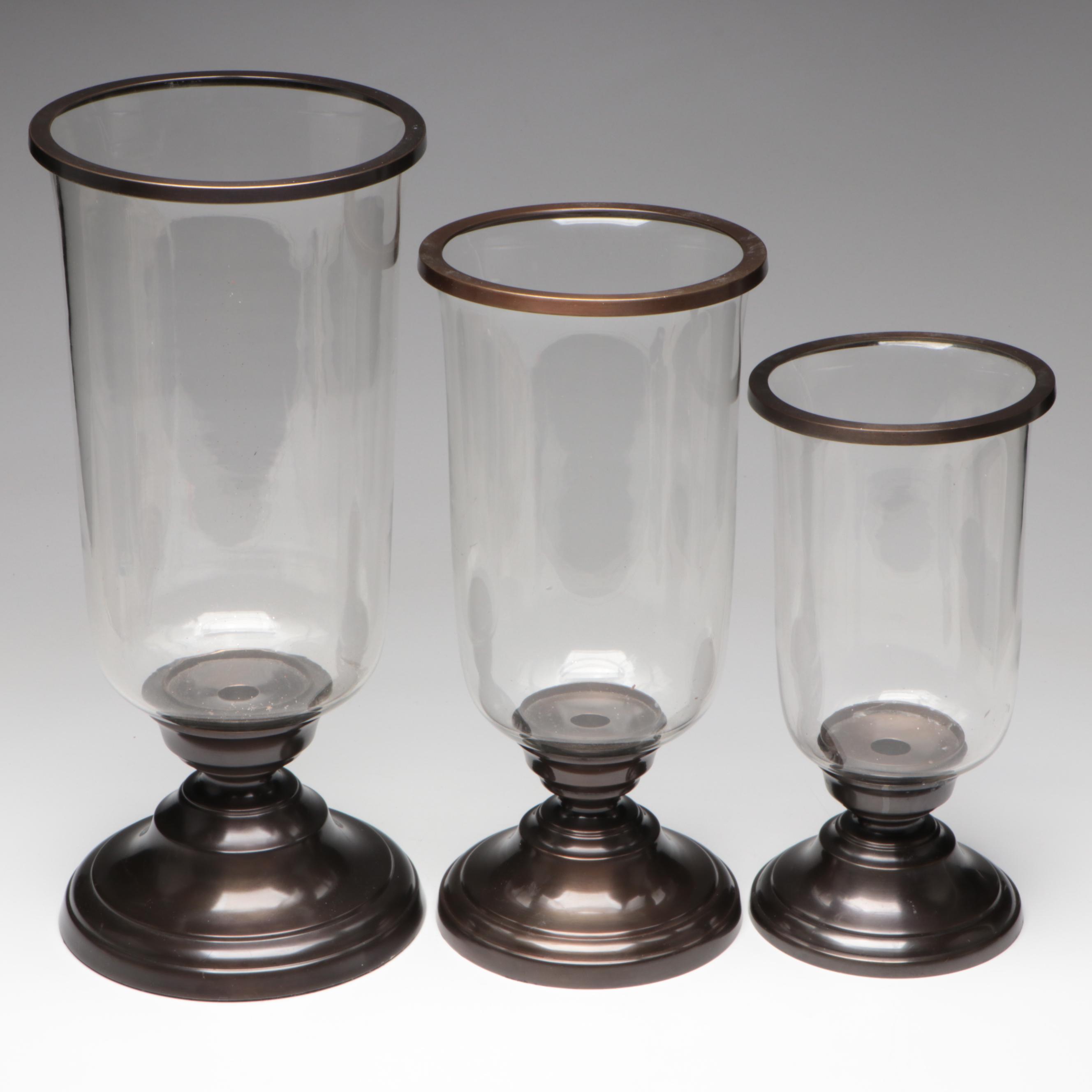 Restoration Hardware Set of Oil Rubbed Bronze and Glass Hurricanes