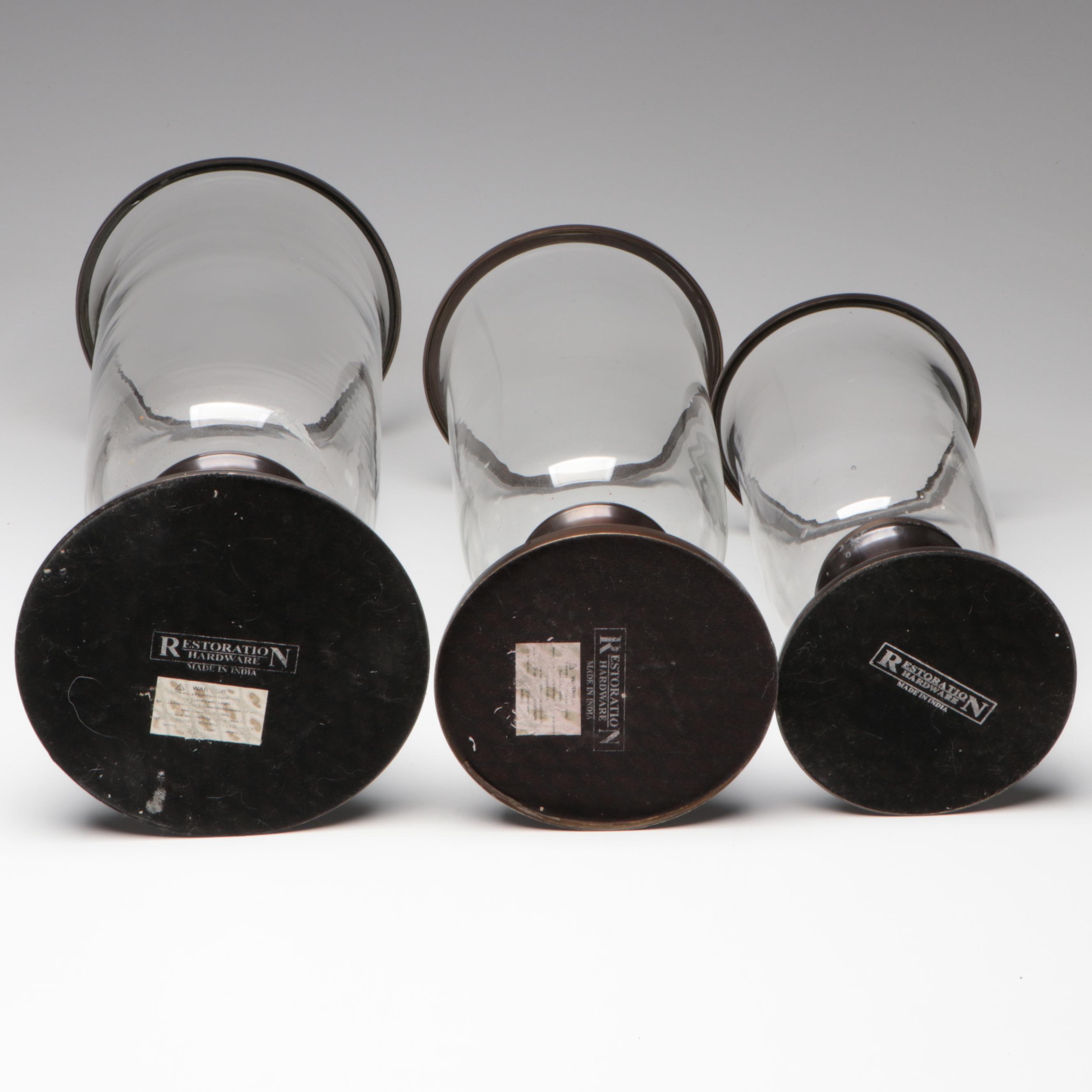Restoration Hardware Set of Oil Rubbed Bronze and Glass Hurricanes
