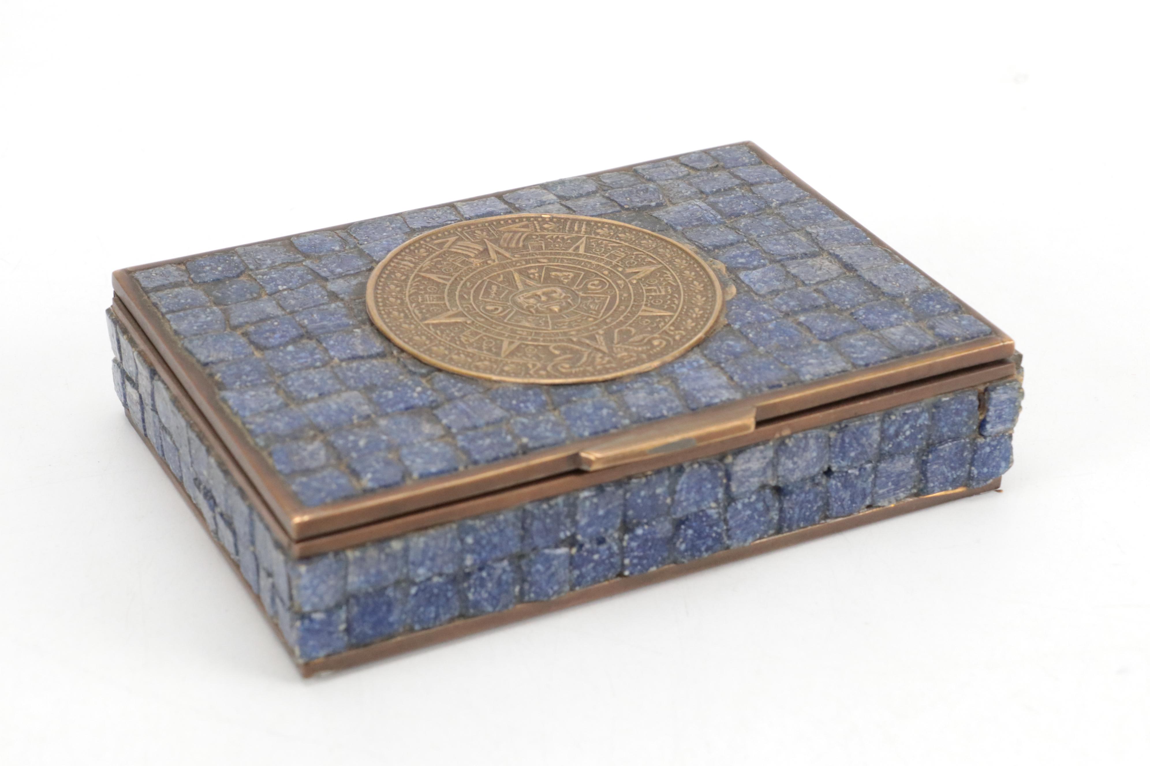 Brass Aztec Calendar Mosaic Stone Inlaid Cedar Lined Box