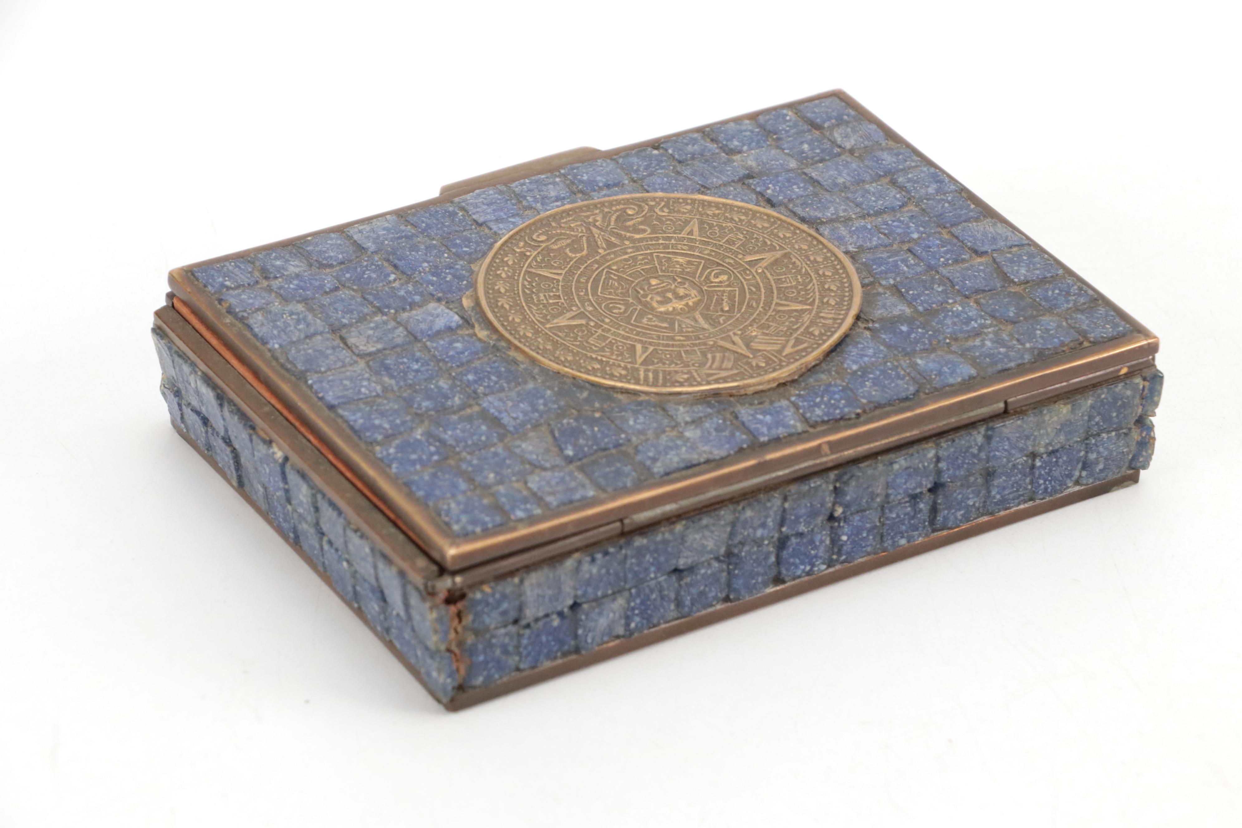 Brass Aztec Calendar Mosaic Stone Inlaid Cedar Lined Box