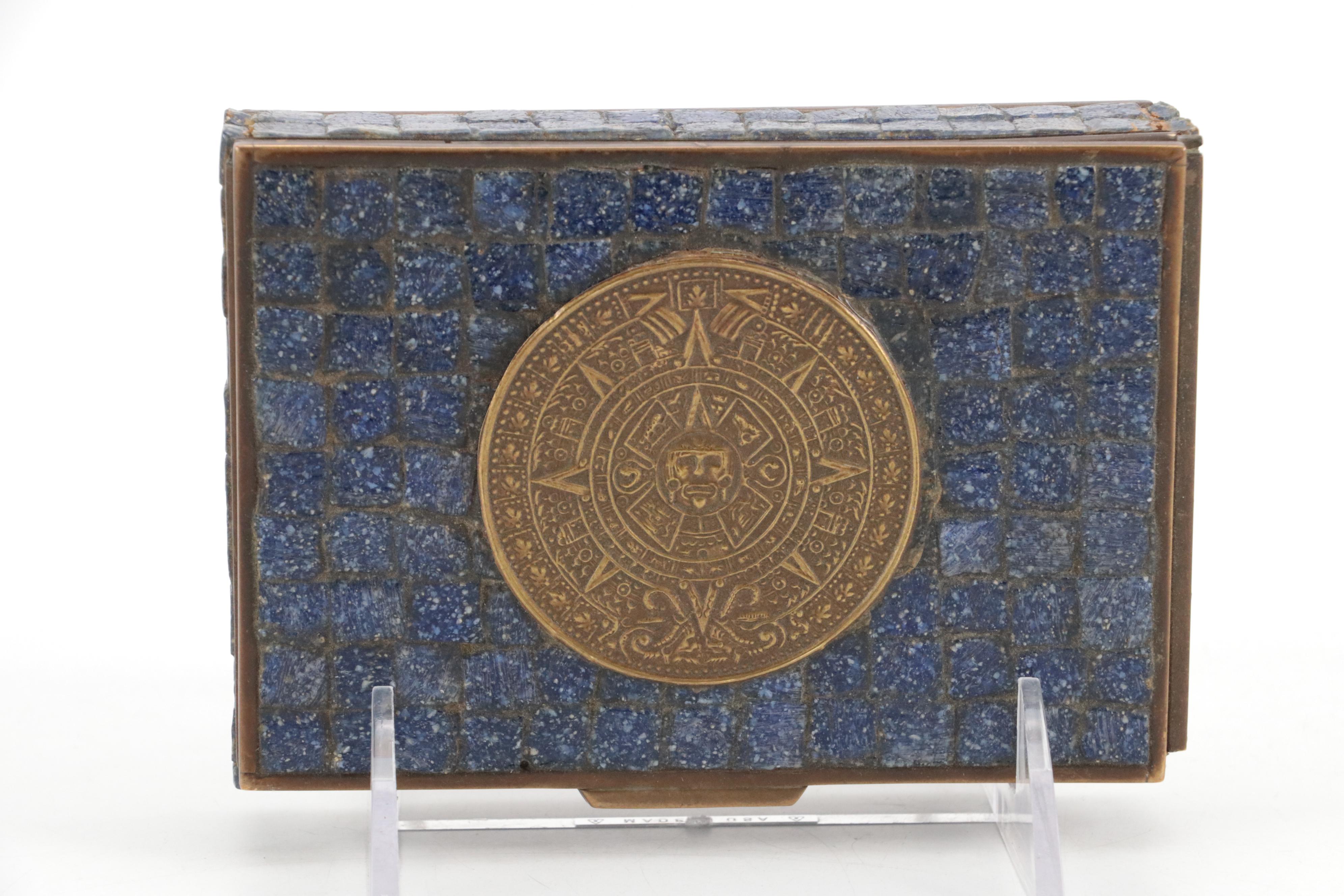 Brass Aztec Calendar Mosaic Stone Inlaid Cedar Lined Box