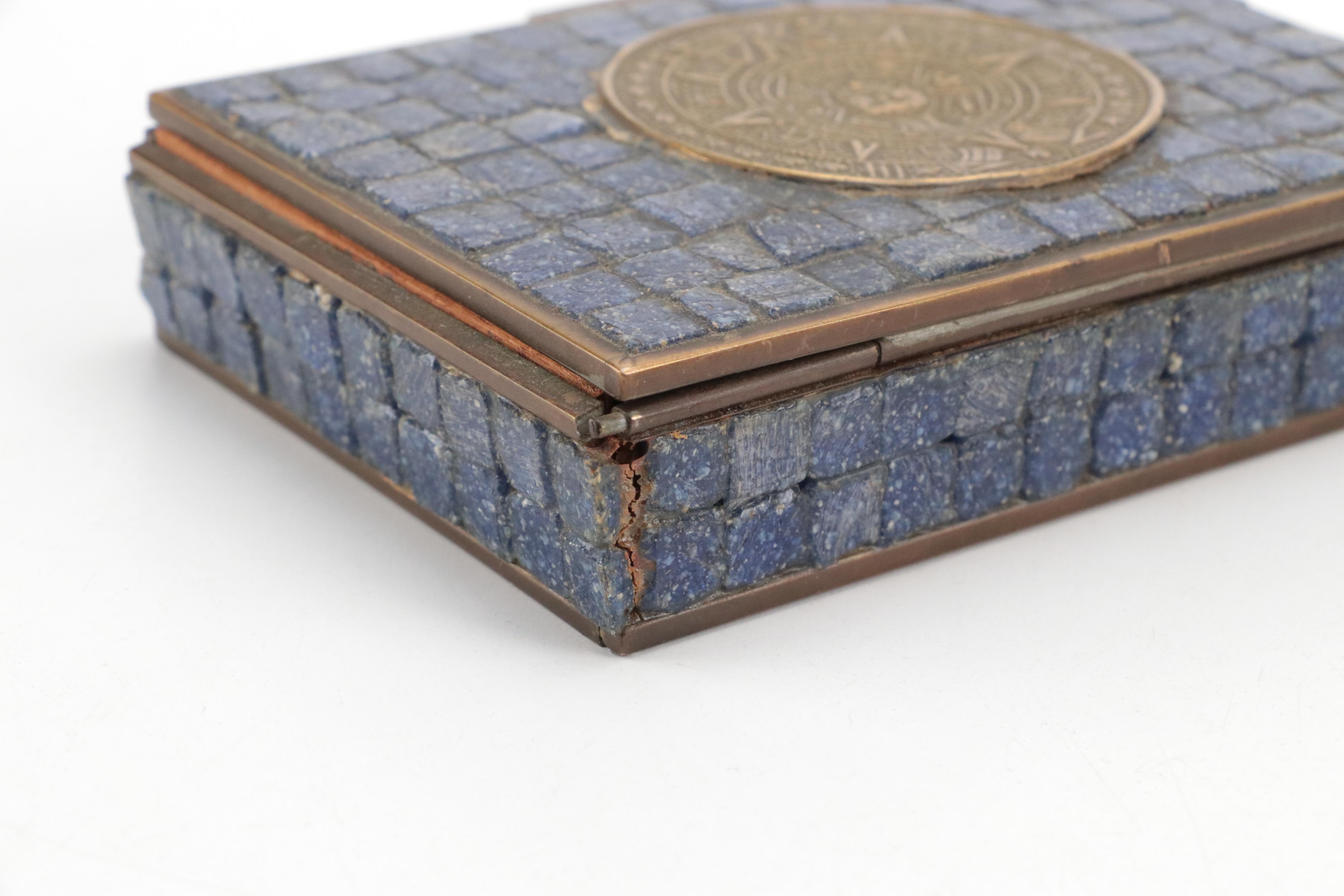 Brass Aztec Calendar Mosaic Stone Inlaid Cedar Lined Box