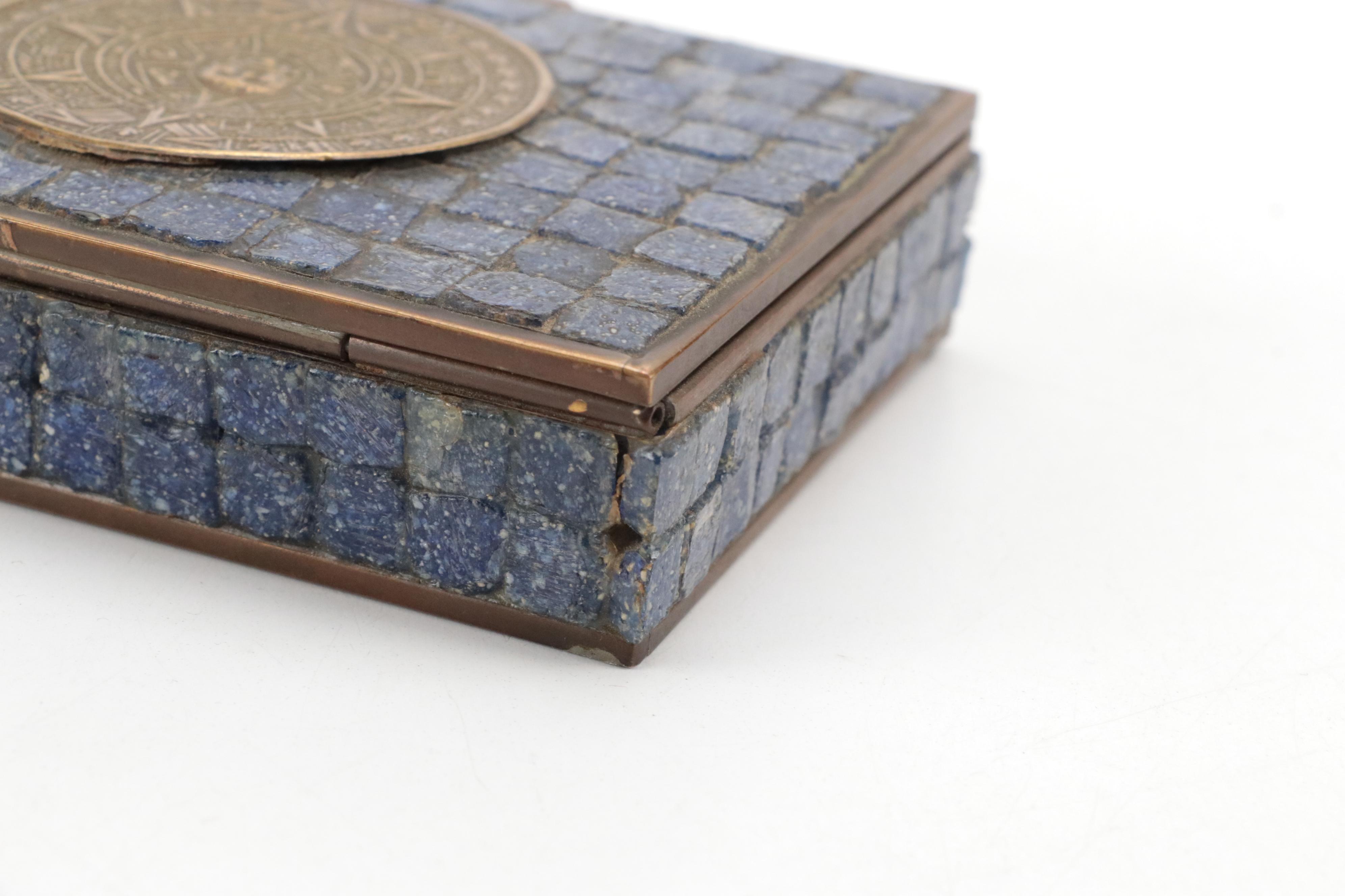 Brass Aztec Calendar Mosaic Stone Inlaid Cedar Lined Box