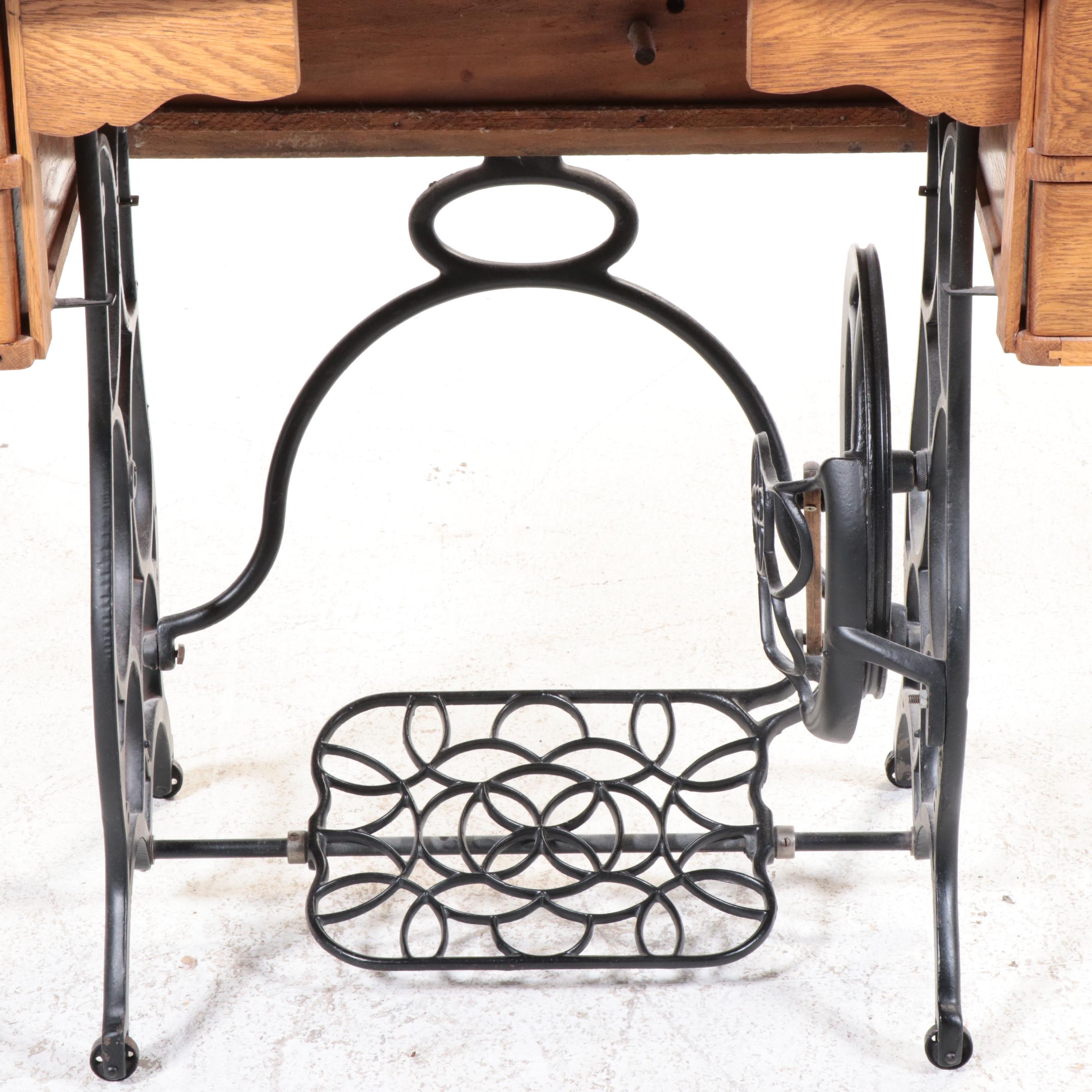 Oak and Iron Treadle Base Sewing Machine Cabinet, Early 20th Century