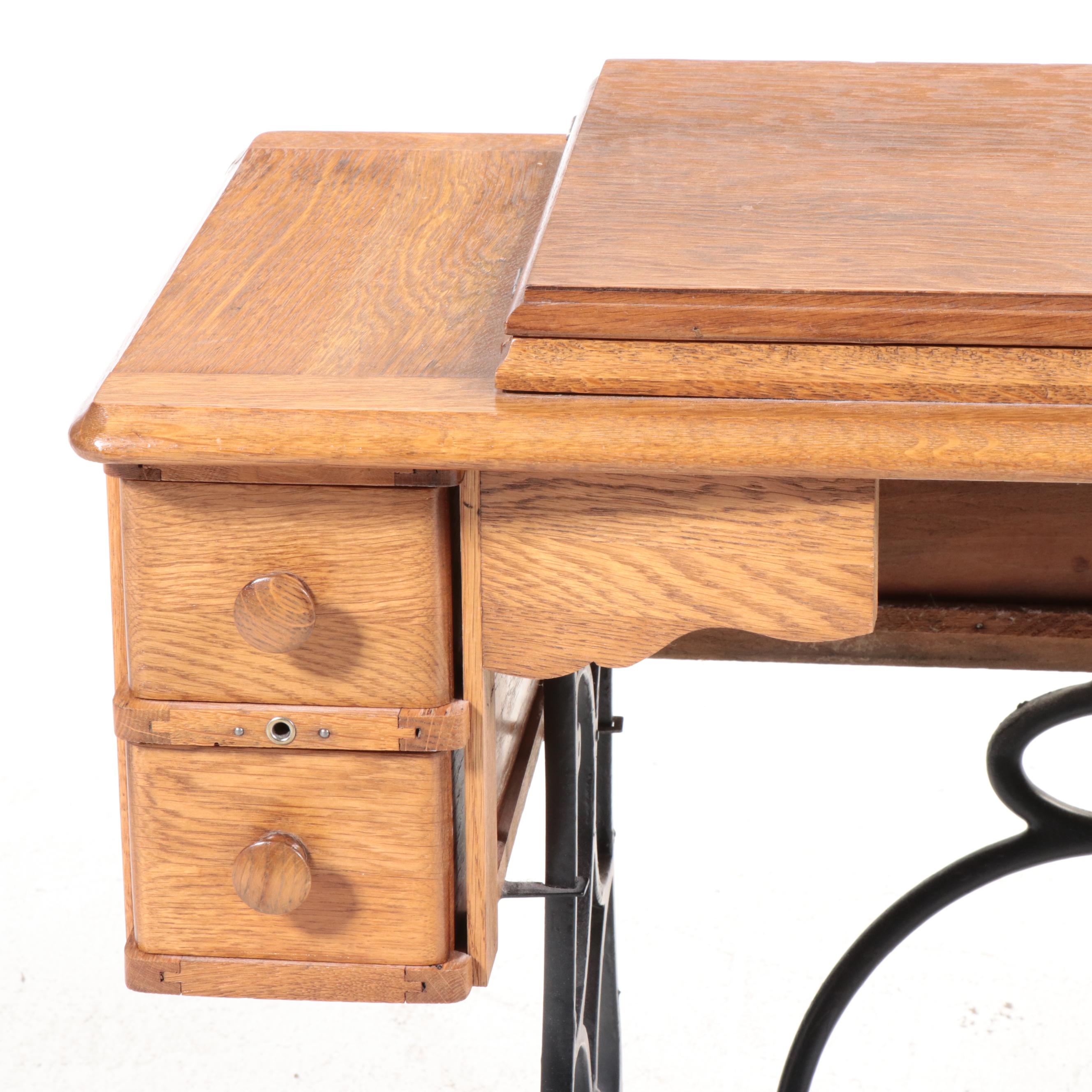 Oak and Iron Treadle Base Sewing Machine Cabinet, Early 20th Century
