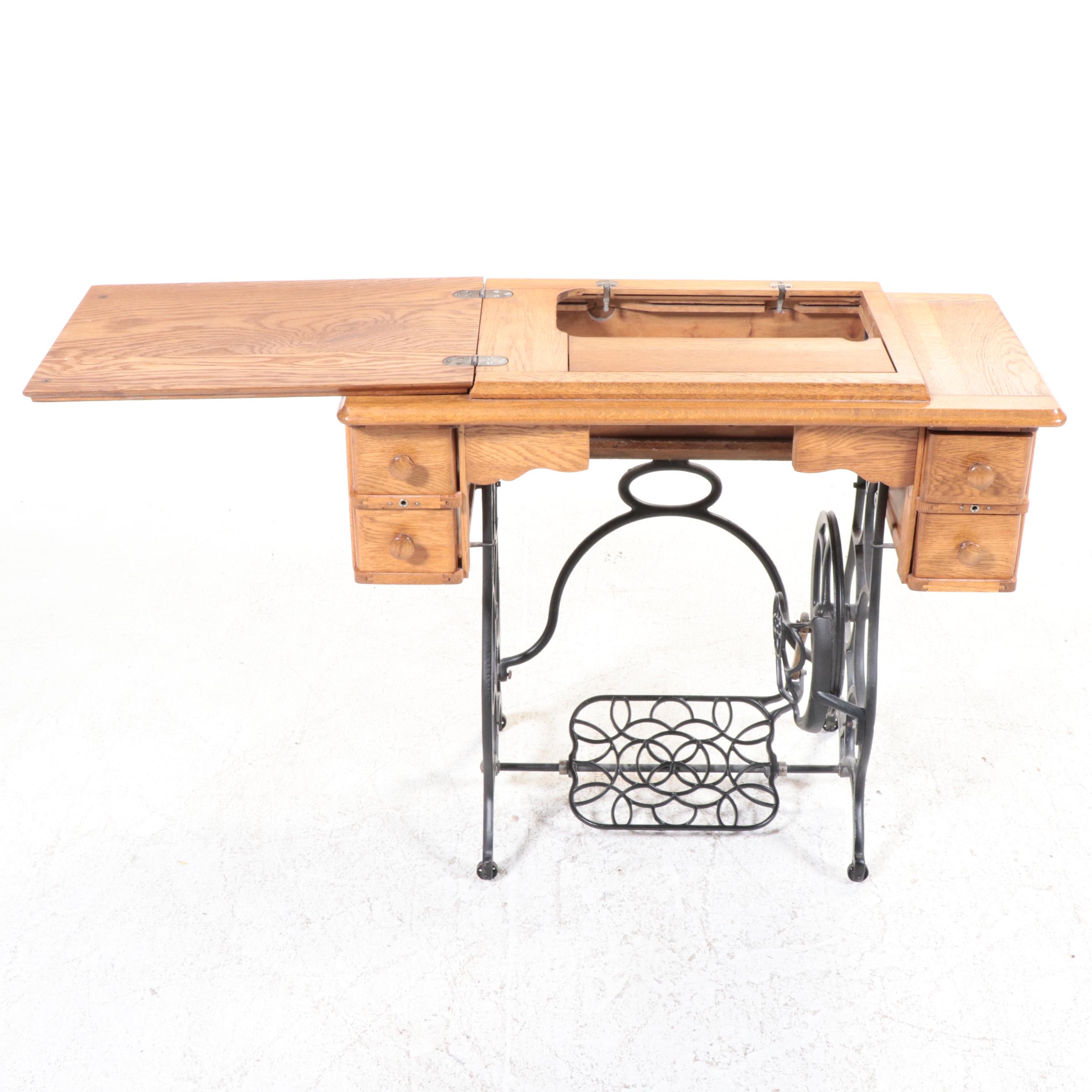 Oak and Iron Treadle Base Sewing Machine Cabinet, Early 20th Century