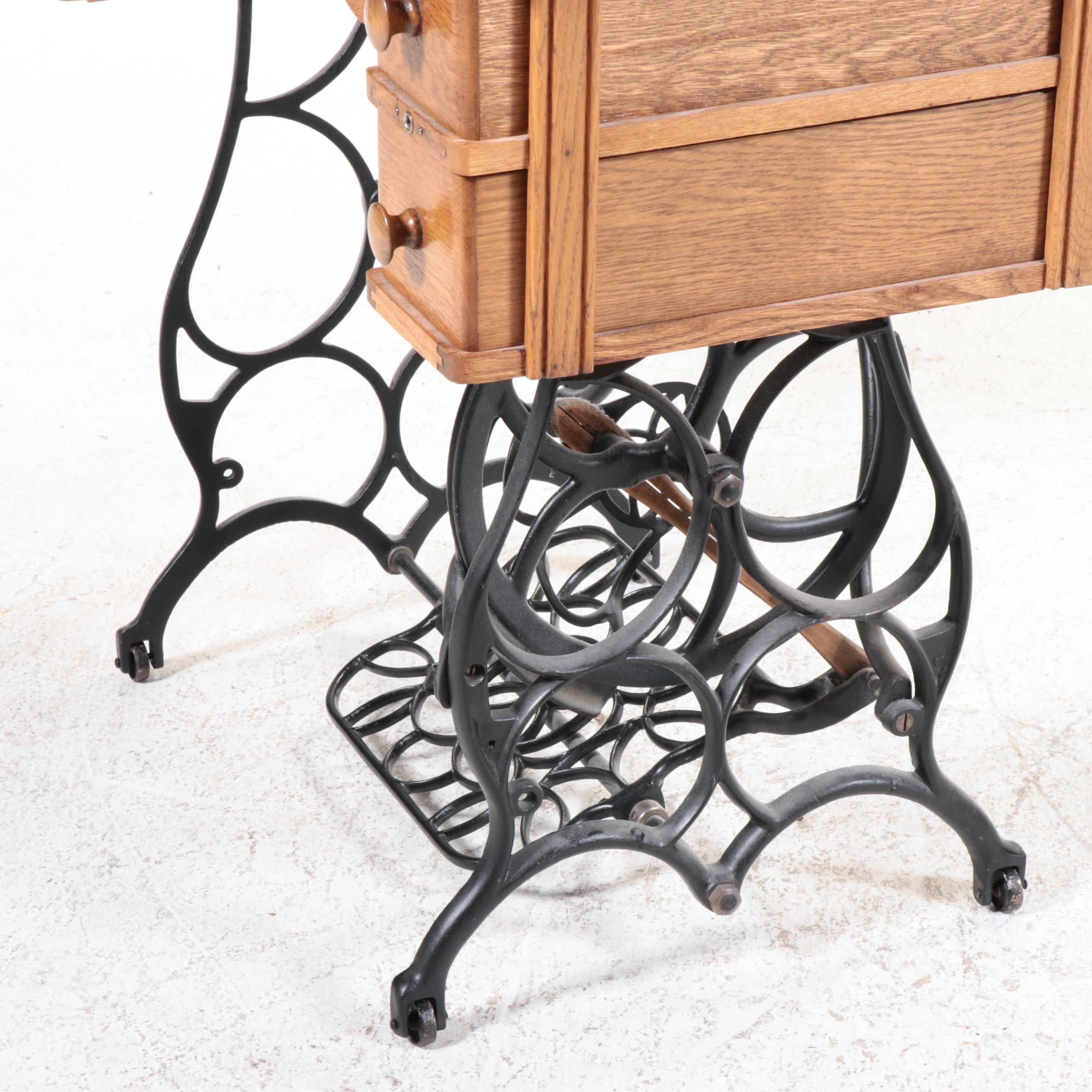 Oak and Iron Treadle Base Sewing Machine Cabinet, Early 20th Century