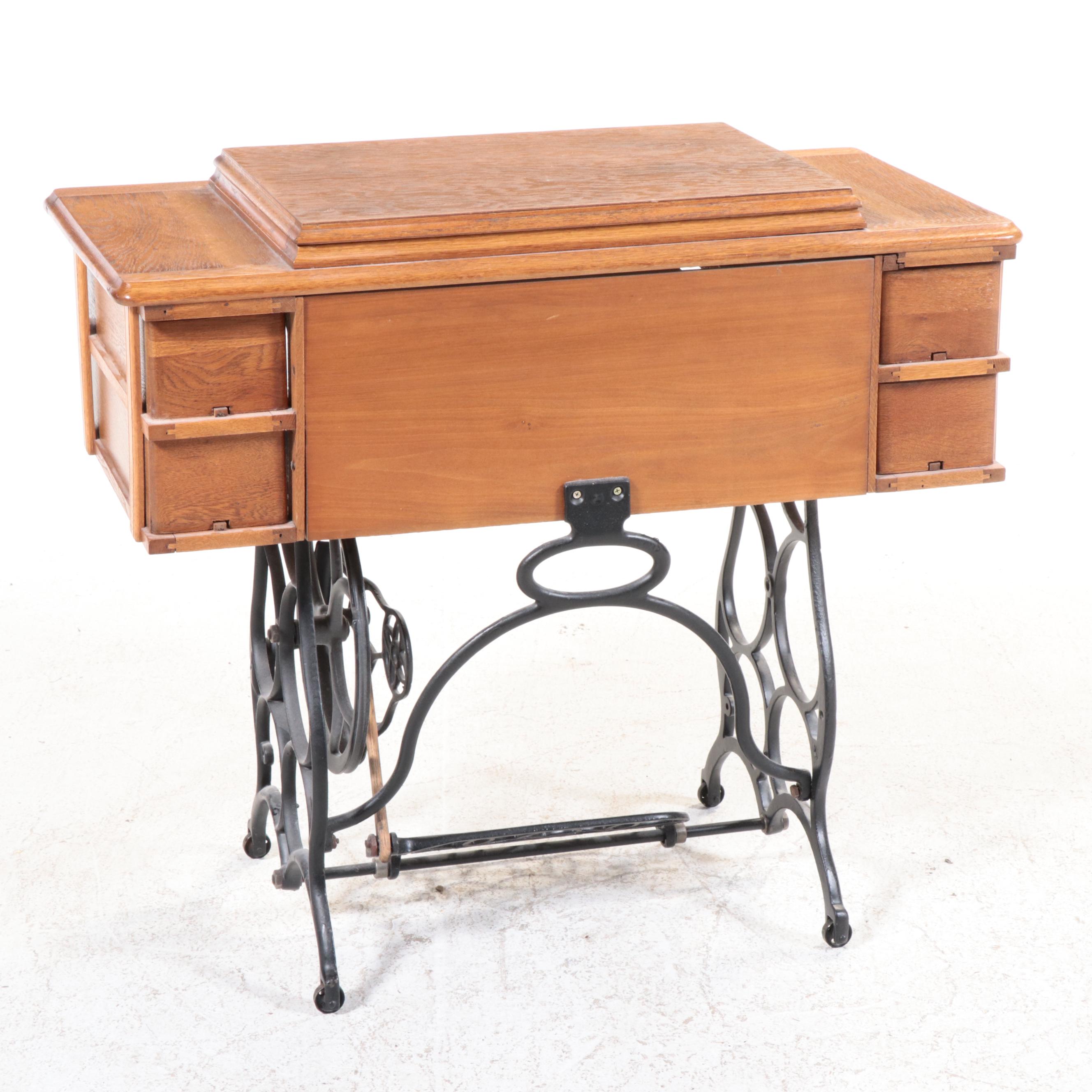 Oak and Iron Treadle Base Sewing Machine Cabinet, Early 20th Century