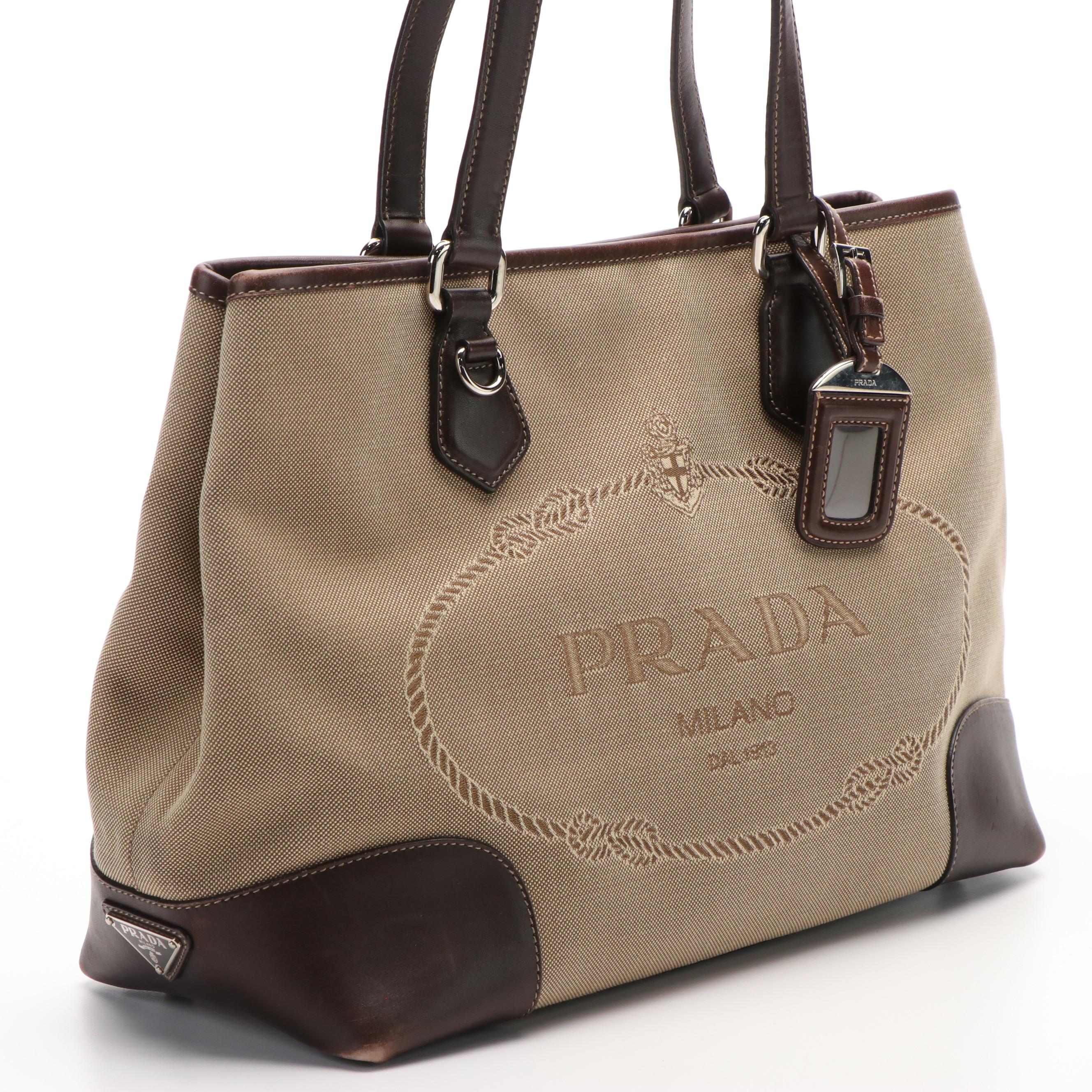 Prada Logo Corda Moro Canvas and Leather Tote Bag