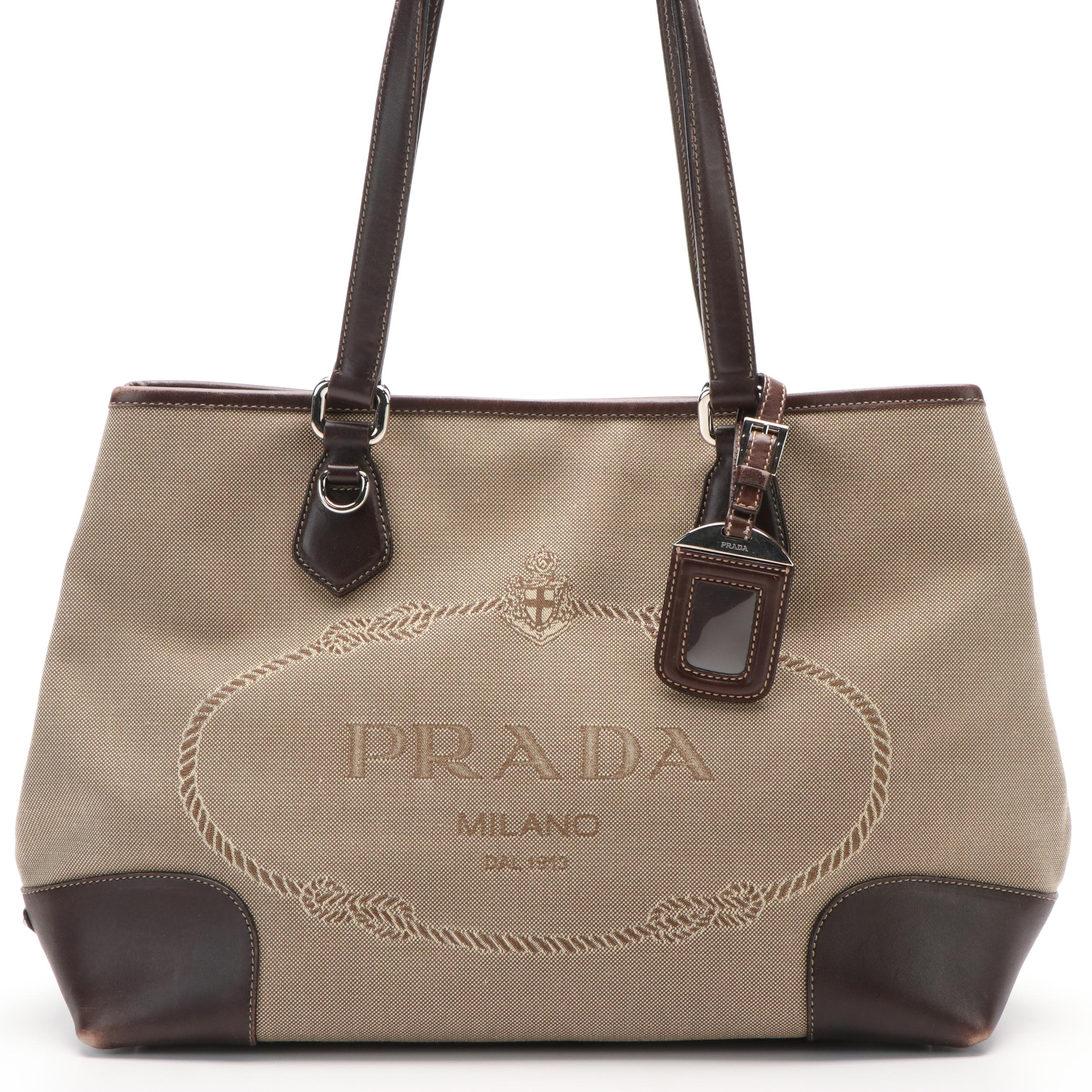 Prada Logo Corda Moro Canvas and Leather Tote Bag