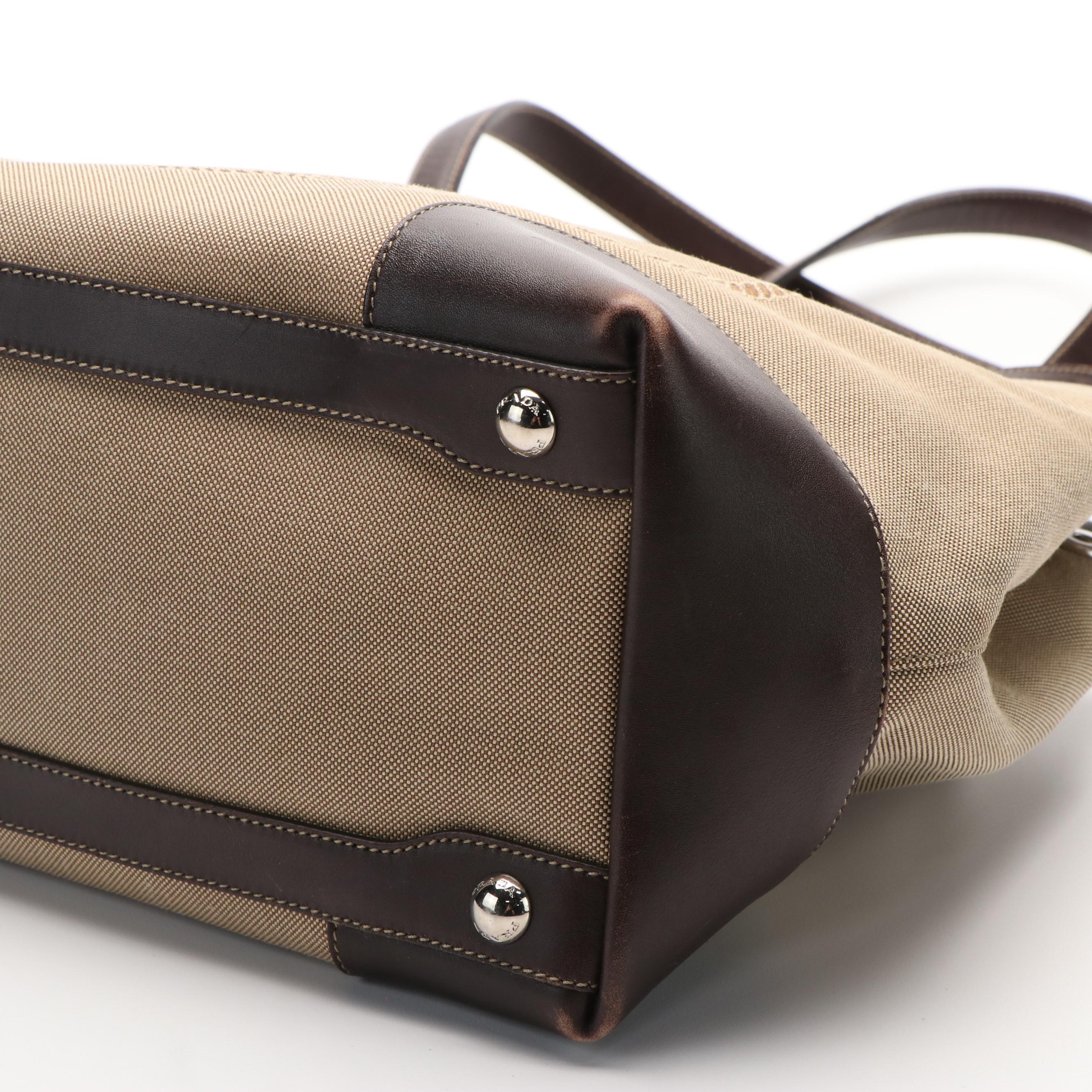 Prada Logo Corda Moro Canvas and Leather Tote Bag