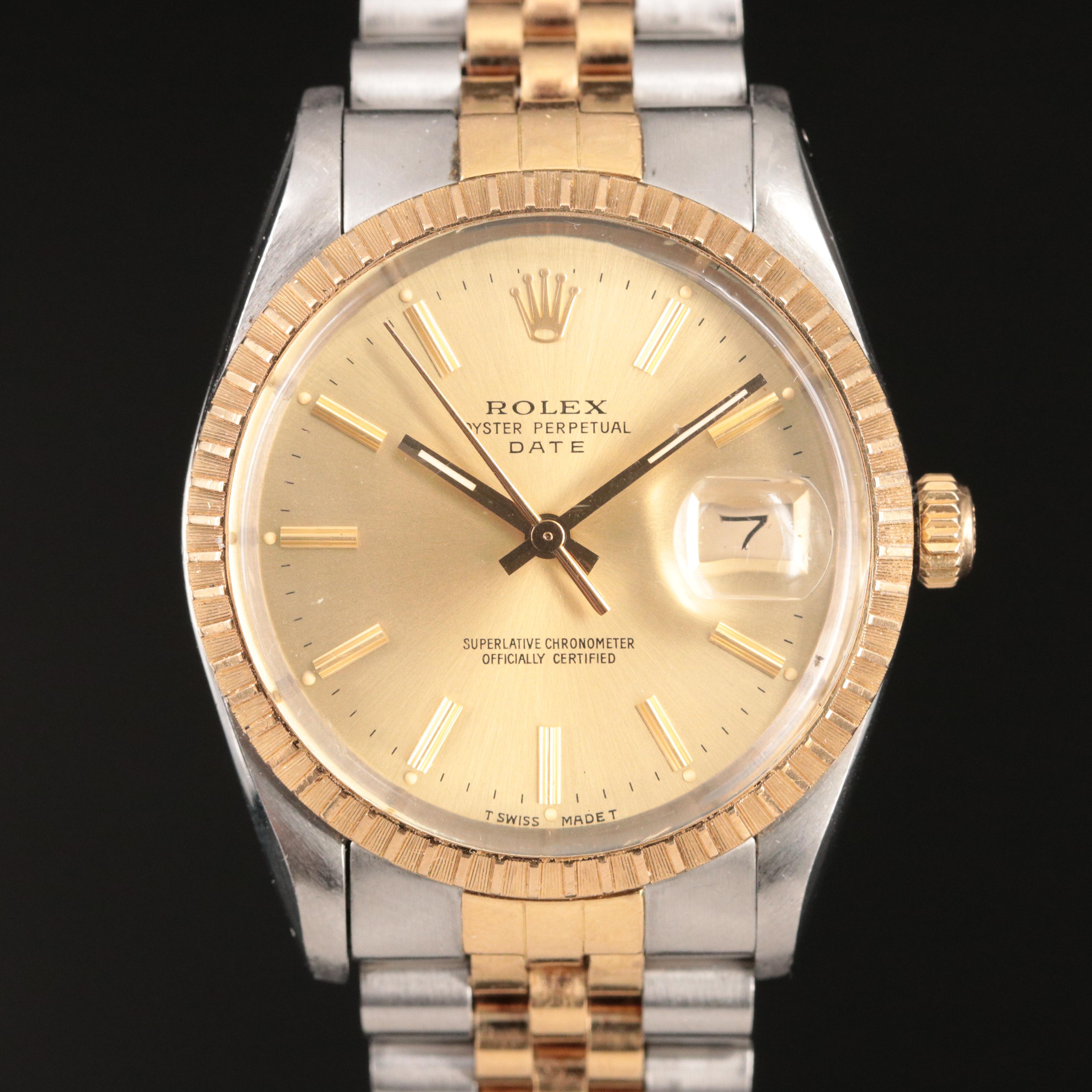 Rolex Date 18K Gold and Steel Champagne Index 34MM Automatic Watch