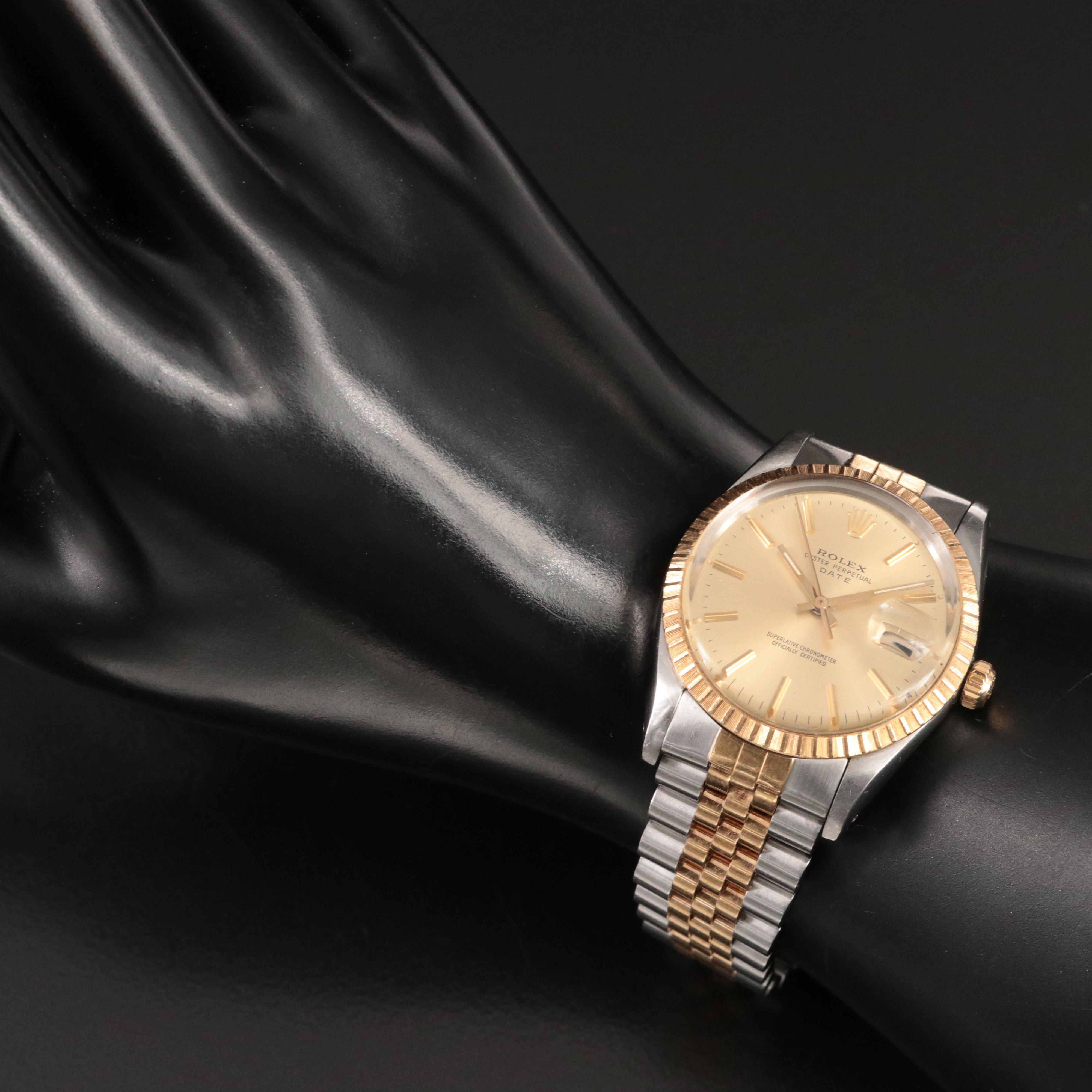 Rolex Date 18K Gold and Steel Champagne Index 34MM Automatic Watch