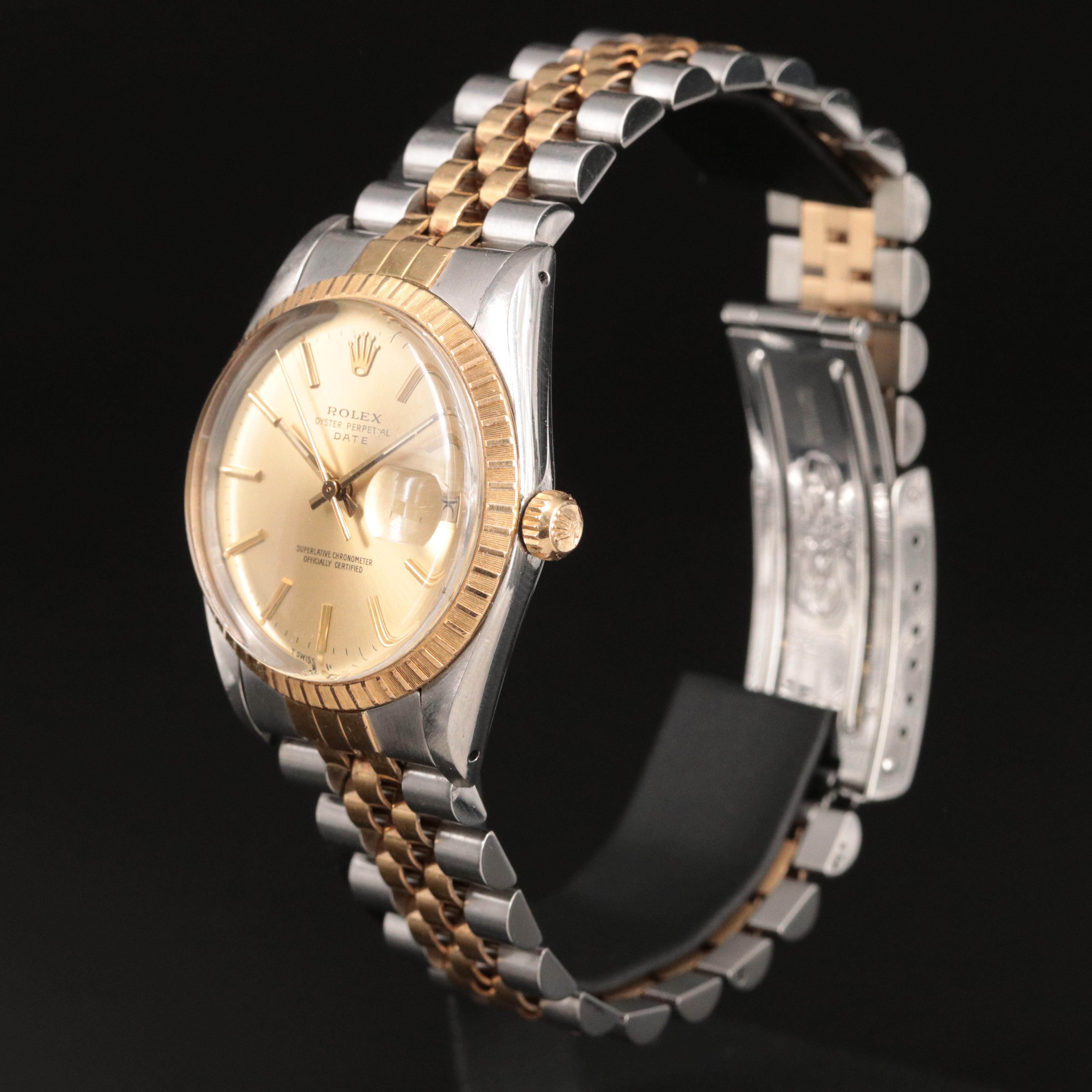 Rolex Date 18K Gold and Steel Champagne Index 34MM Automatic Watch