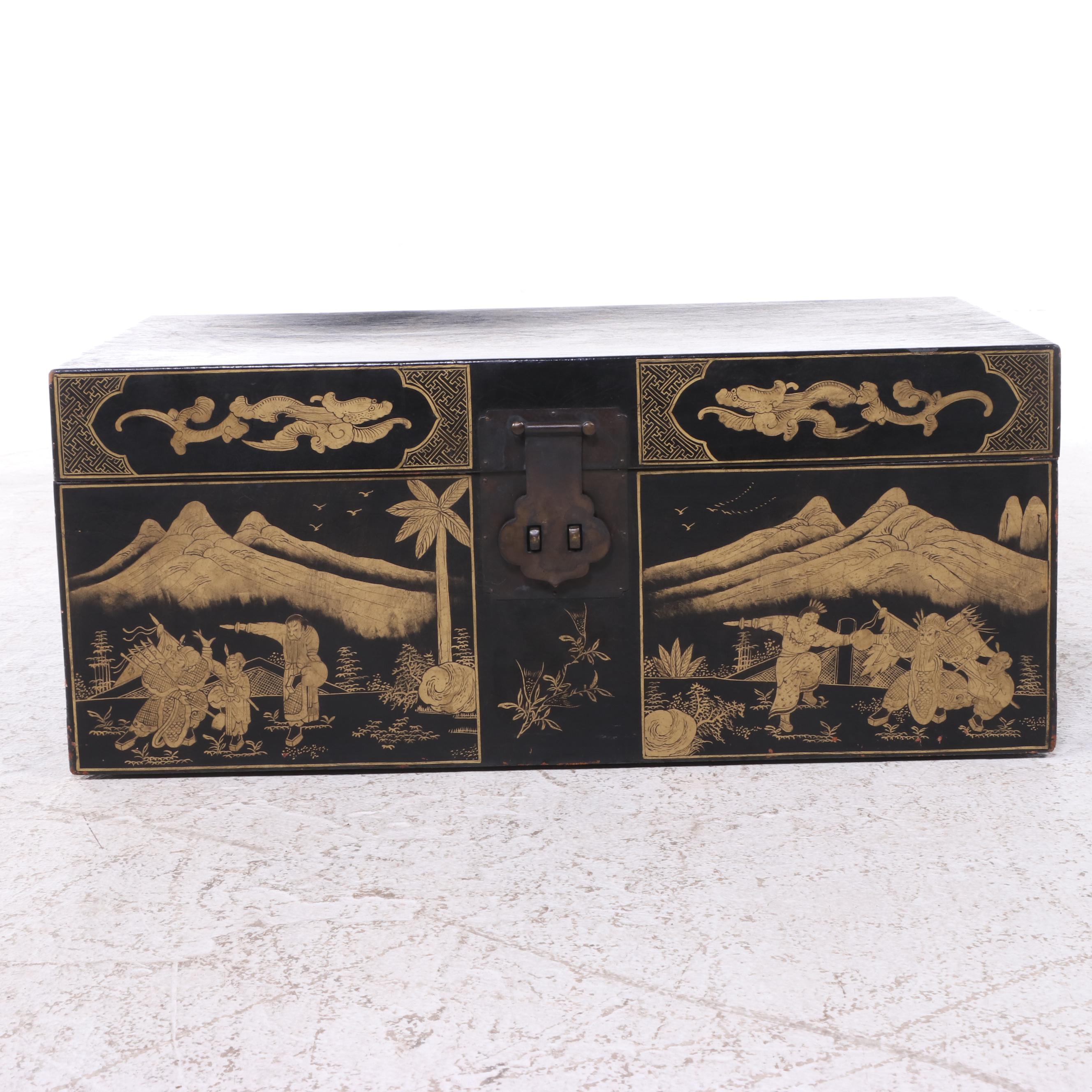 Chinese Black-Painted and Gilt-Decorated Leather Trunk