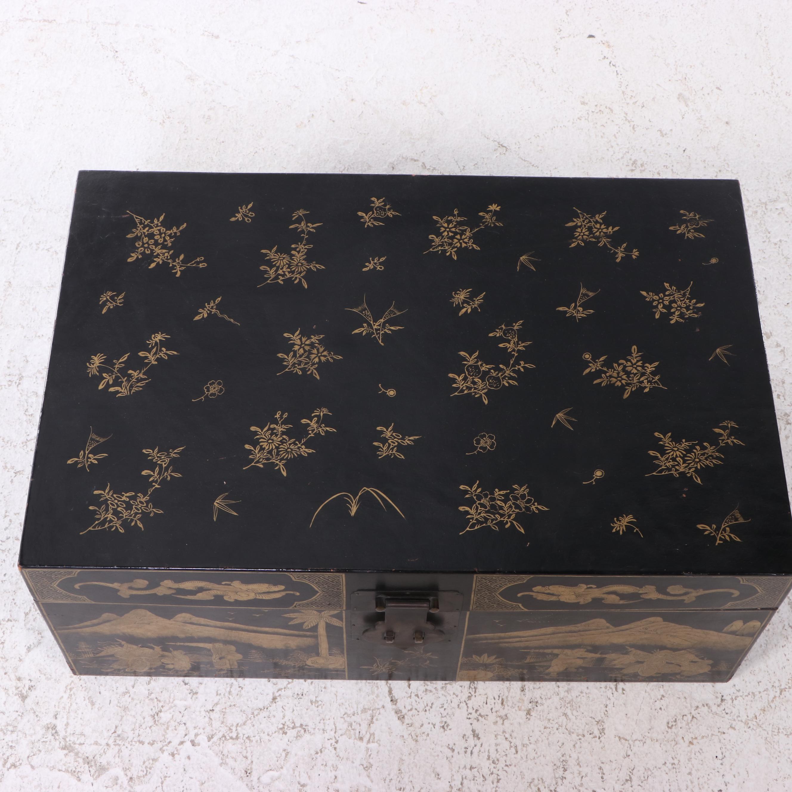 Chinese Black-Painted and Gilt-Decorated Leather Trunk