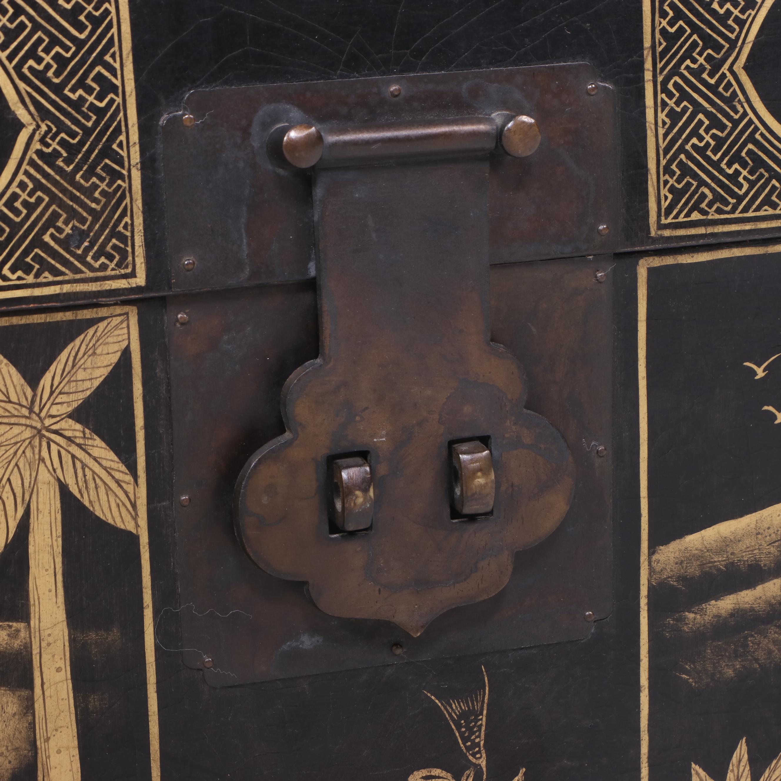 Chinese Black-Painted and Gilt-Decorated Leather Trunk