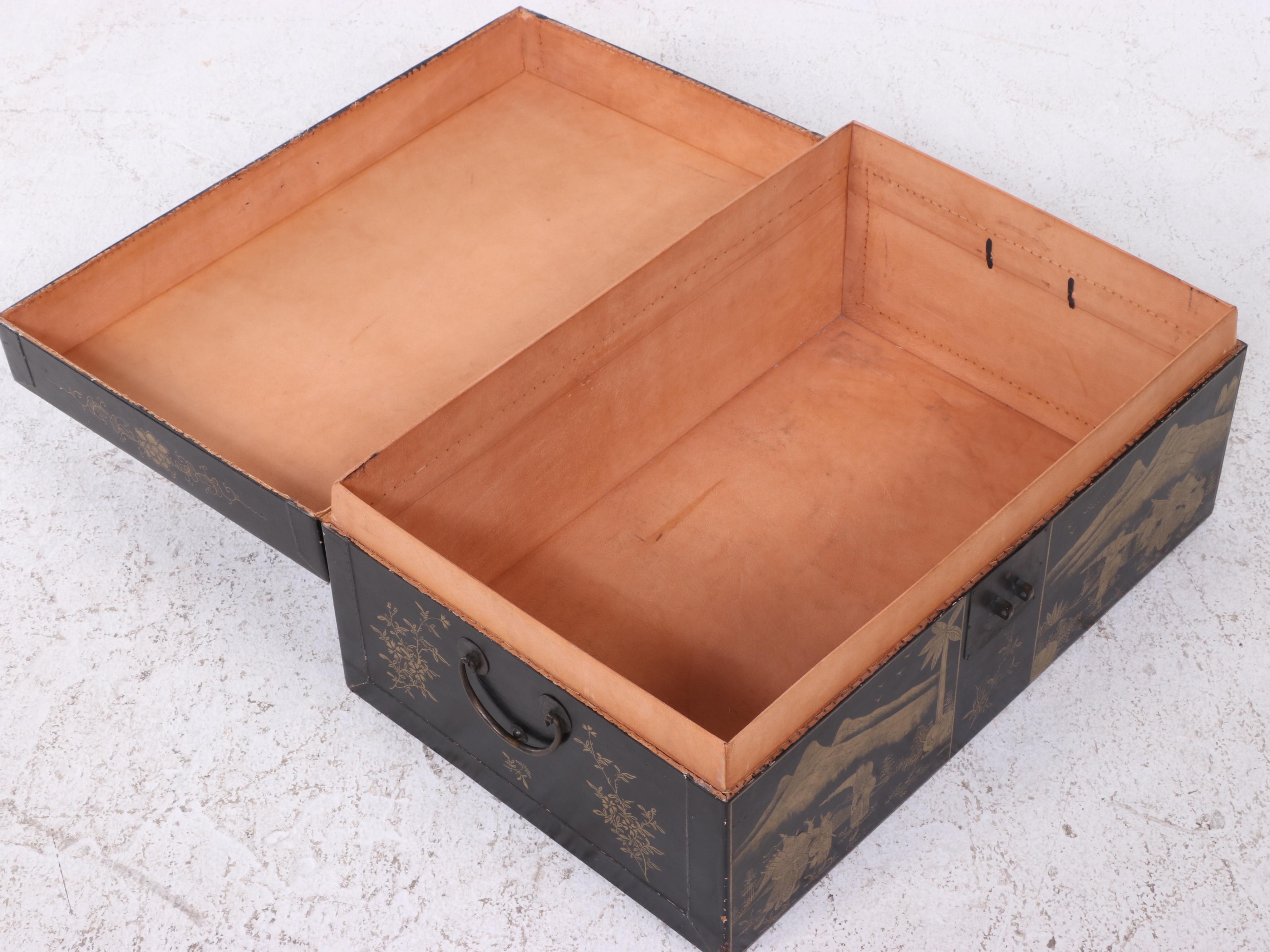 Chinese Black-Painted and Gilt-Decorated Leather Trunk