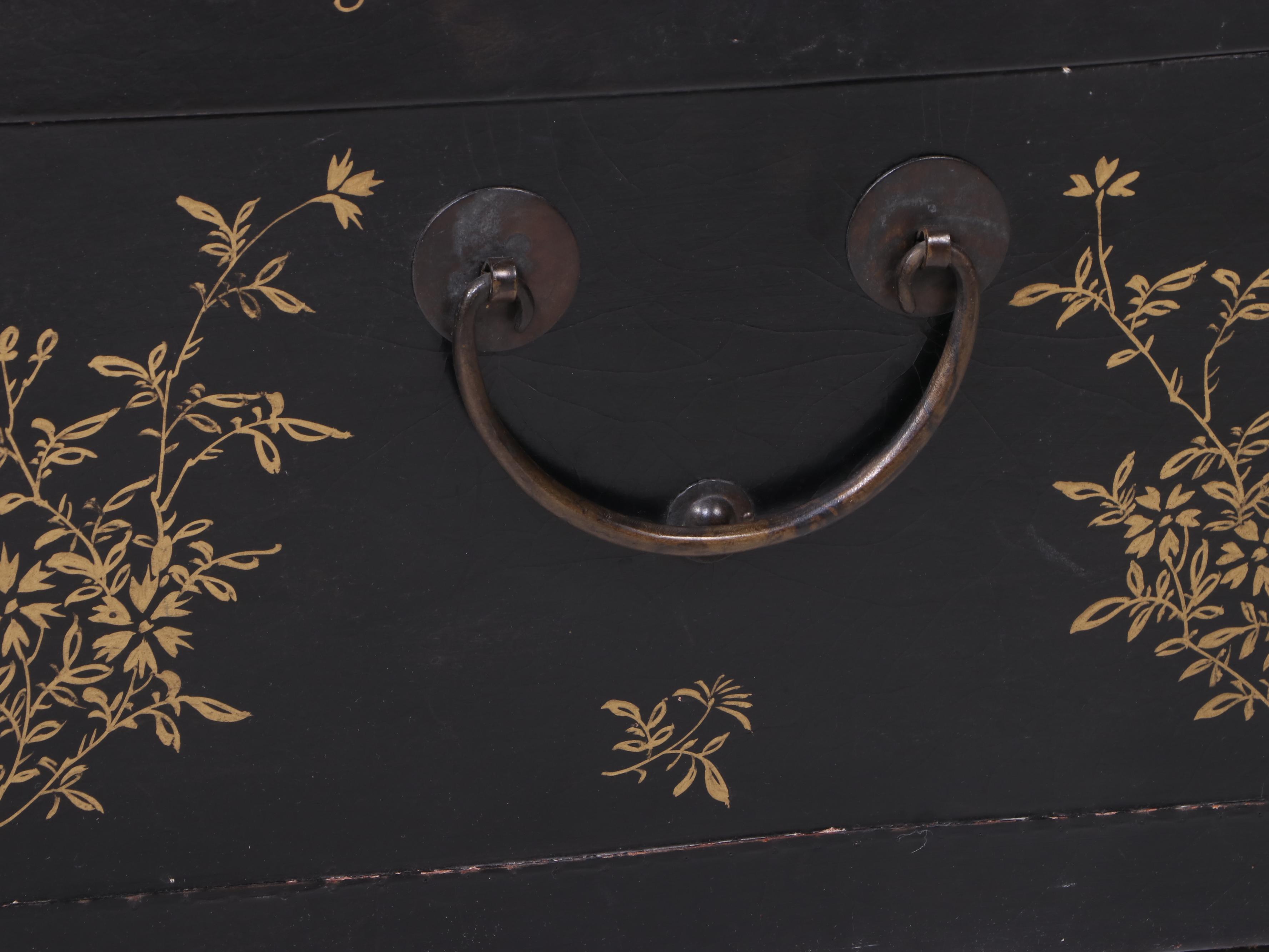 Chinese Black-Painted and Gilt-Decorated Leather Trunk