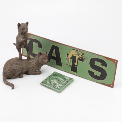 Art Pottery Decorative Tile with Other Cat Figurine and Sign