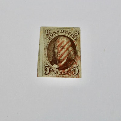 1847 Scott #1 Used Franklin Postage Stamp, Red Cancellation