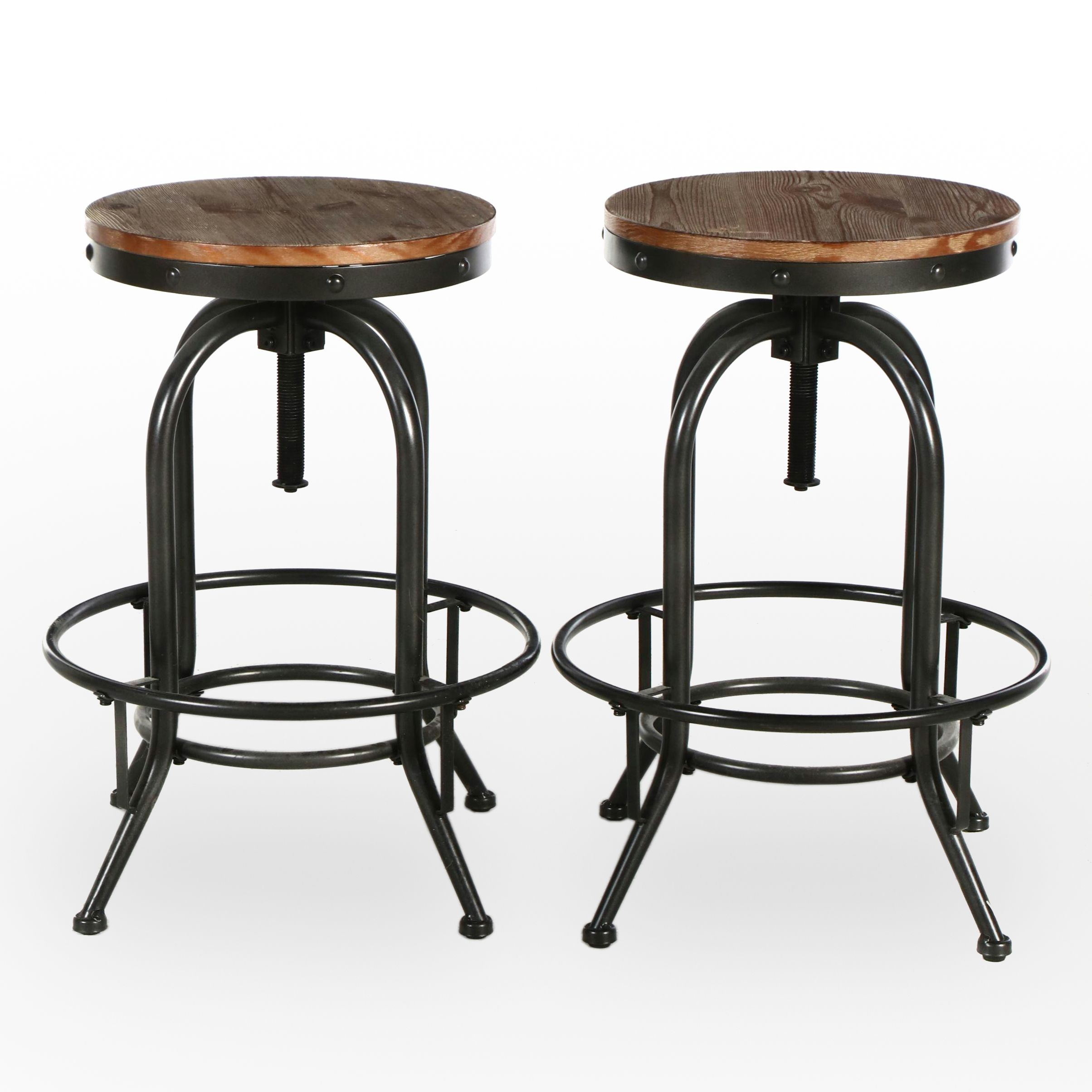 Pair of Ashley Furniture Industrial Style Metal and Oak Finish Stools