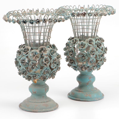 French Wire Style Forced Patina Metal Rose Candle Holders, 20th Century