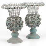 French Wire Style Forced Patina Metal Rose Candle Holders, 20th Century