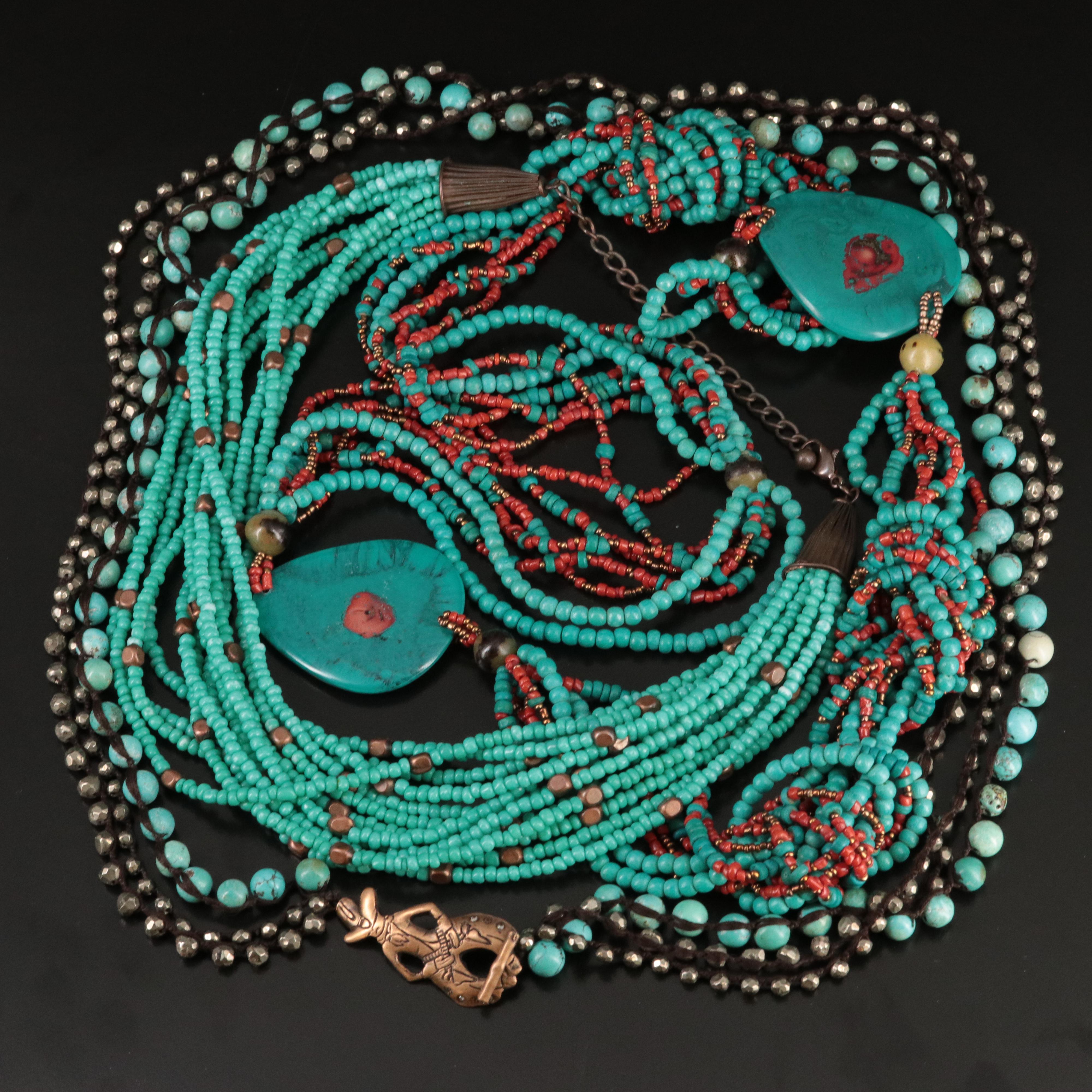 Multi Strand Coral, CZ and Wood Bead Necklaces